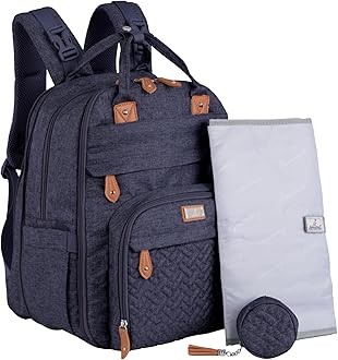 BabbleRoo Extra Large Diaper Bag Backpack, Expandable Baby Bag with Up to 50% More Capacity - Travel Essentials Baby Bag Tote with Changing Pad, Stroller Straps & Pacifier Case - Unisex, Denim Blue
