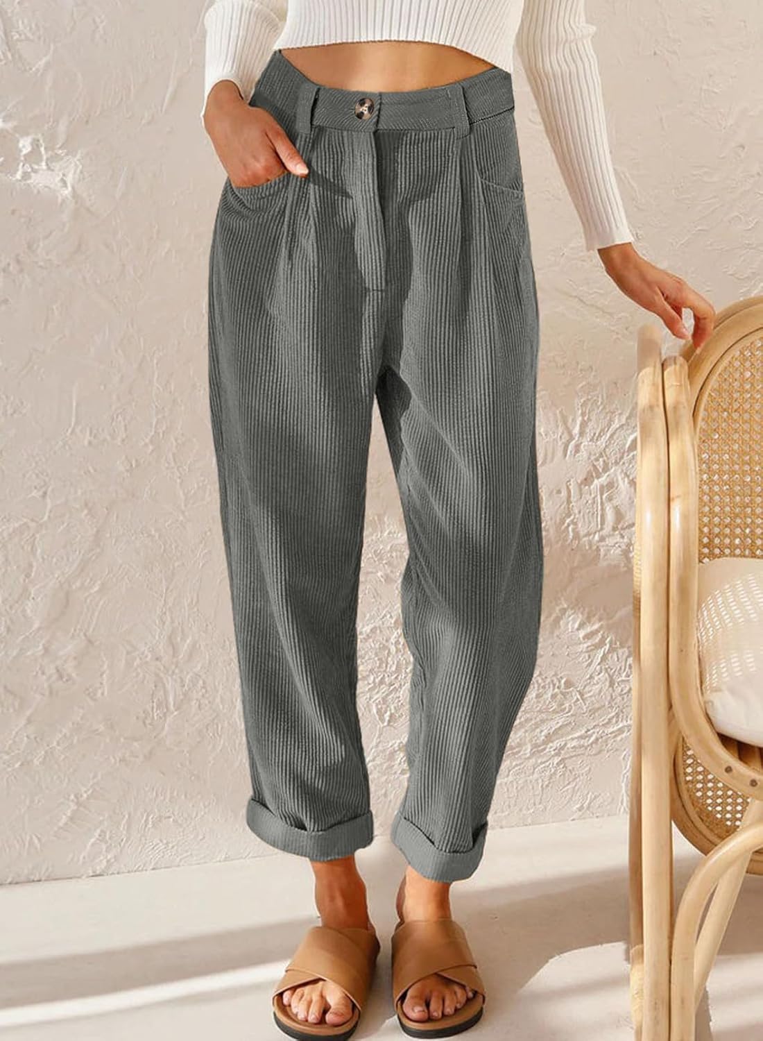 Acelitt Womens Elastic Waist Straight Leg Corduroy Pants with Pockets, S-2XL - Image 5