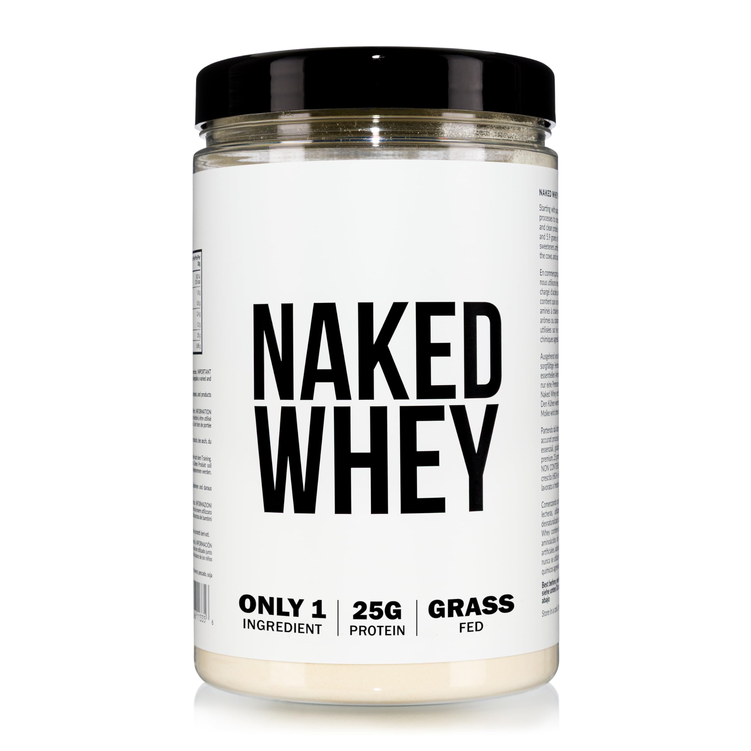 Naked Whey Protein Powder, Only 1 Ingredient, Grass Fed, Gluten Free, Soy Free, GMO Free, 25g Protein and 6g BCAAs per Scoop, Unflavoured, 12 Servings, 450g