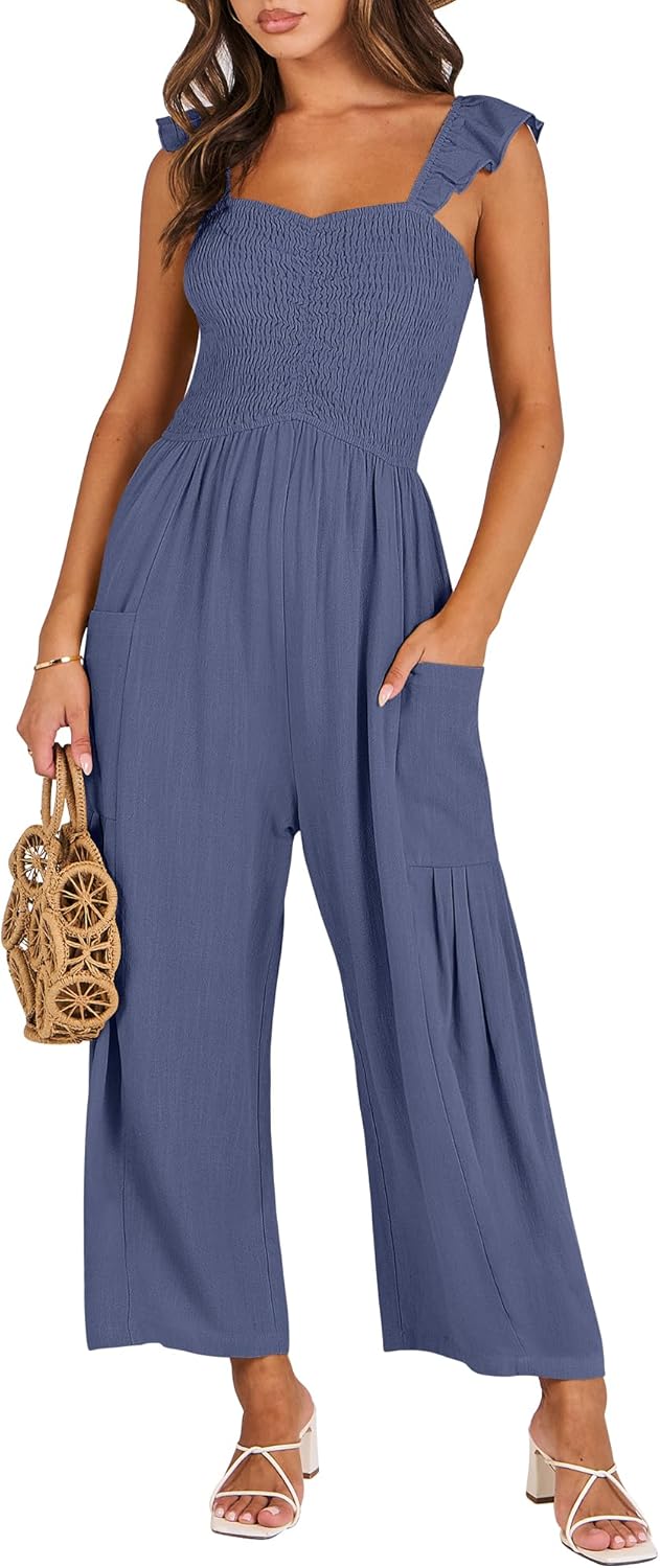 ANRABESS Women Summer Casual Dressy Sleeveless Smocked Wide Leg Linen Jumpsuits Rompers 2025 Trendy Travel Outfit Pocket Deep Blue Small