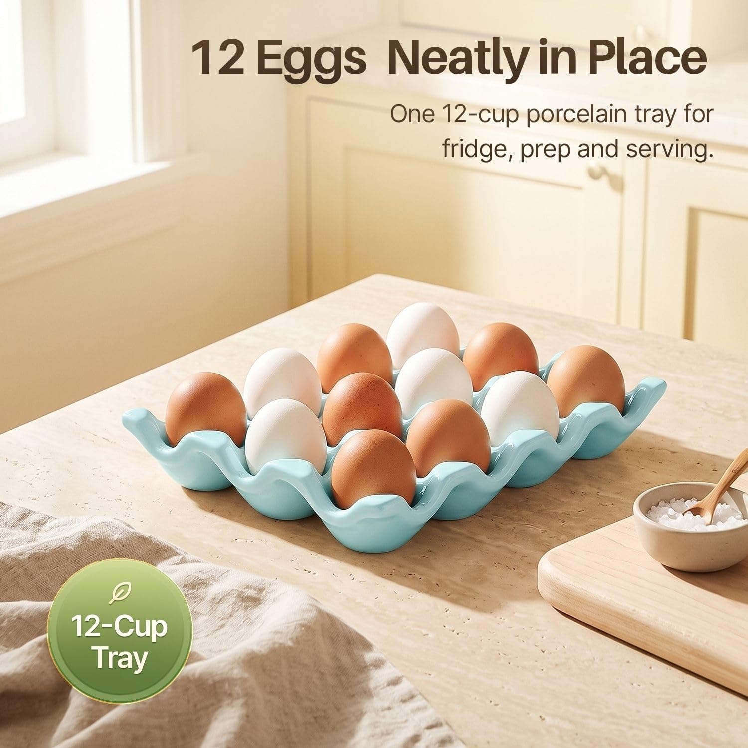 Flexzion Ceramic Egg Holder for Fridge, 12-Cup Porcelain Egg Tray, Blue