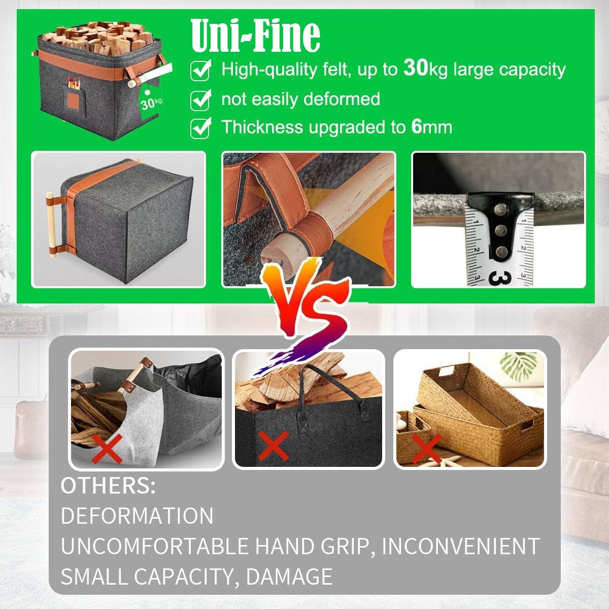 Uni-Fine - Cesta de madera de fieltro (42 x 32 x 32 cm, 43 L, cesta de leña con asa, cesta de fieltro extragruesa, también se puede utilizar como cesta de almacenamiento para compras y periódicos)