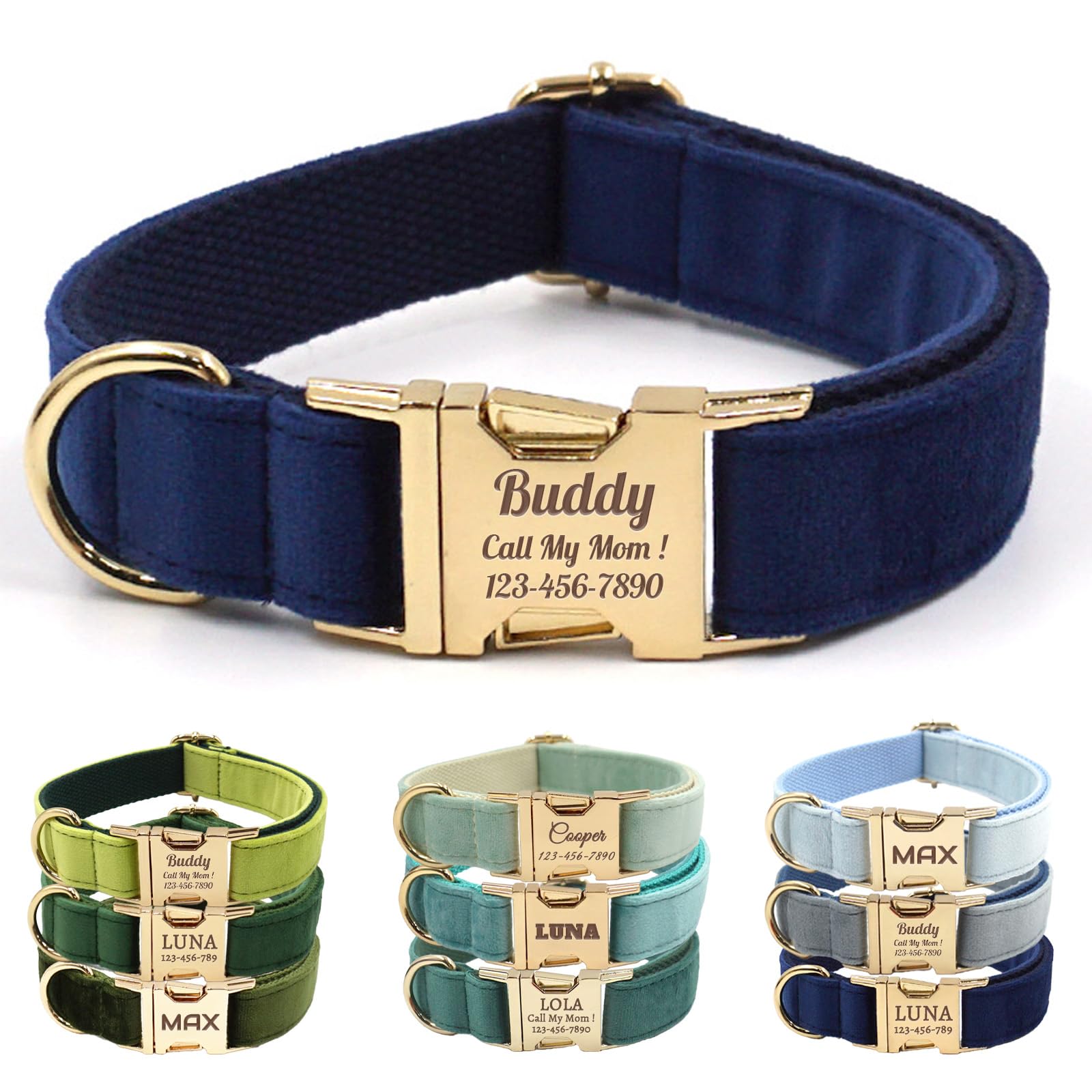Collier pour chien personnalisable velours bleu nuit le cadeau plein d'amour