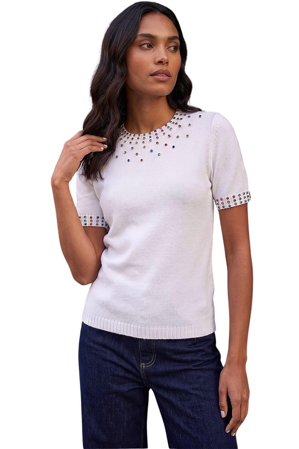 Roman Embellished Neck Knitted Top - Ivory