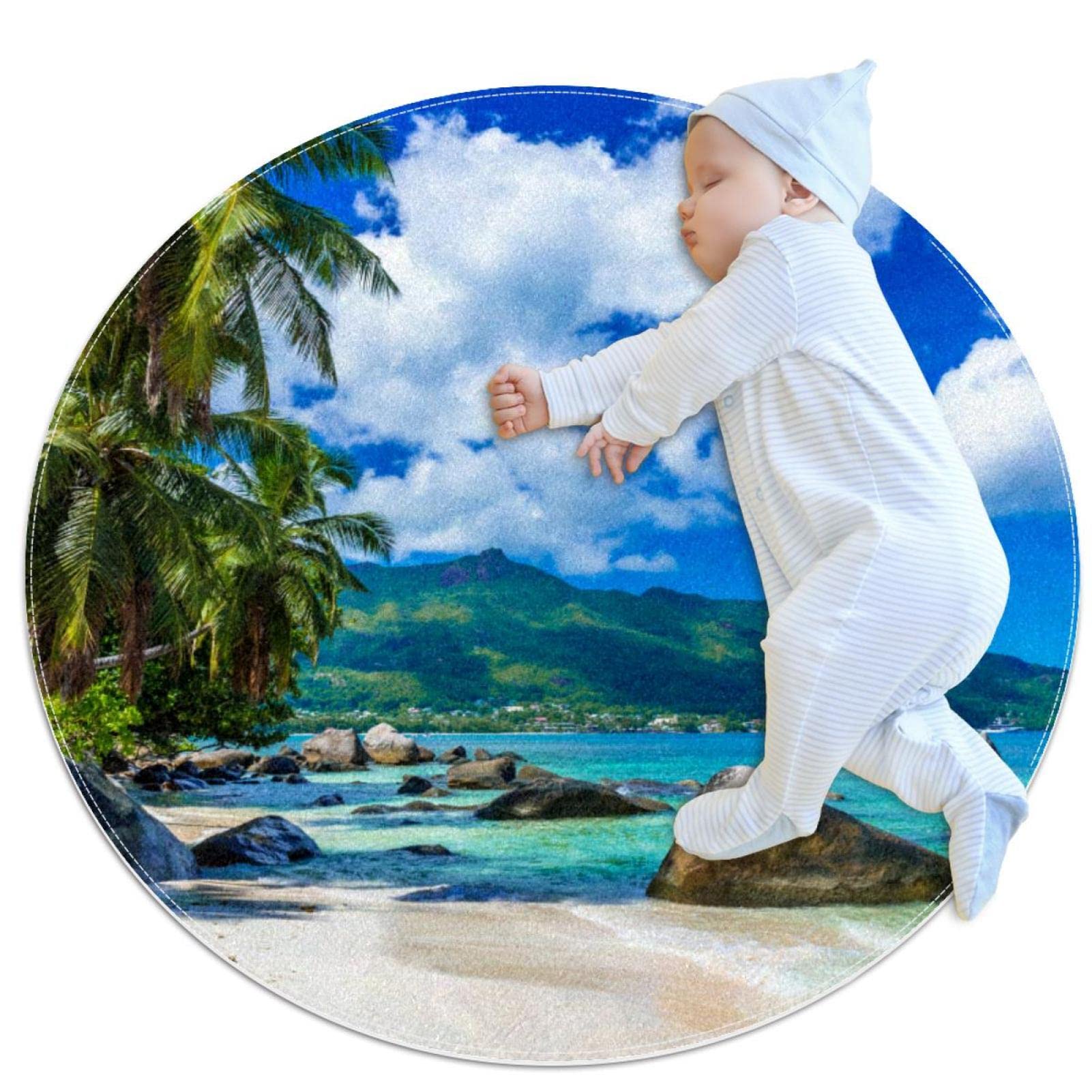 Alfombra redonda infantil JDEZ de 80x80 cm con diseño de playa de arrecife y palmeras