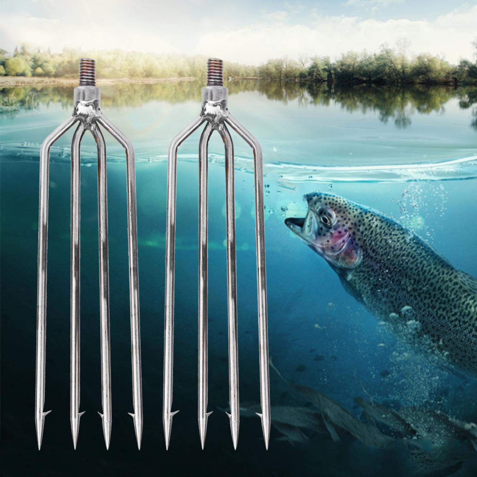 FECAMOS 2 PCS Fishing Spears, Powerful Harpoon Stainless Steel 4 Prongs Fishing Spear High Hardness Sturdy Universal with 8mm Screw for Outdoor Fishing