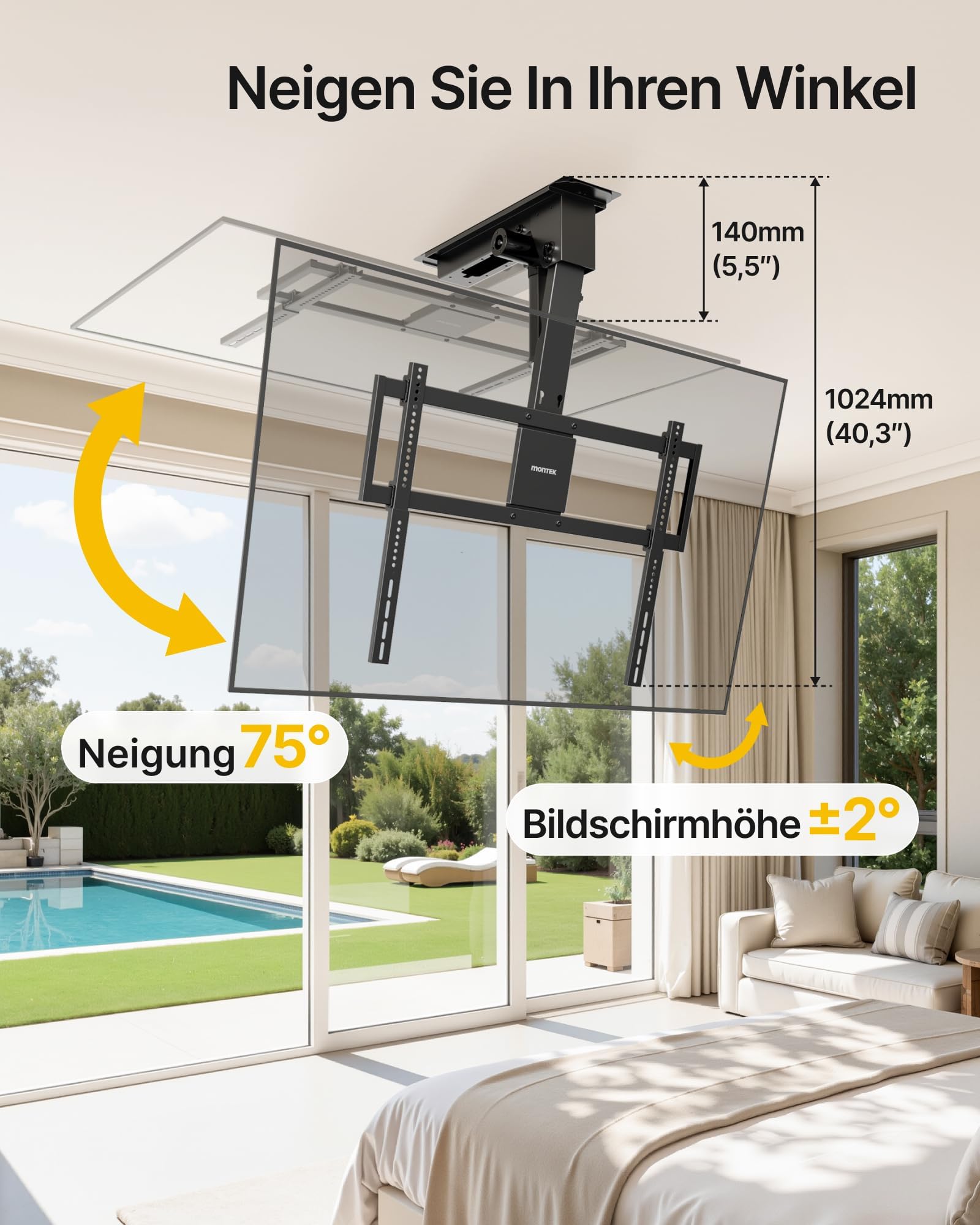 monTEK TV Deckenhalterung Elektrisch für 43-86 Zoll bis 55kg, VESA 800x400 | Fernbedienung/App/Sprachsteuerung, Klappbar Fernsehhalterung für Außermittig Angebrachte TV, für Flache/geneigte Dächer