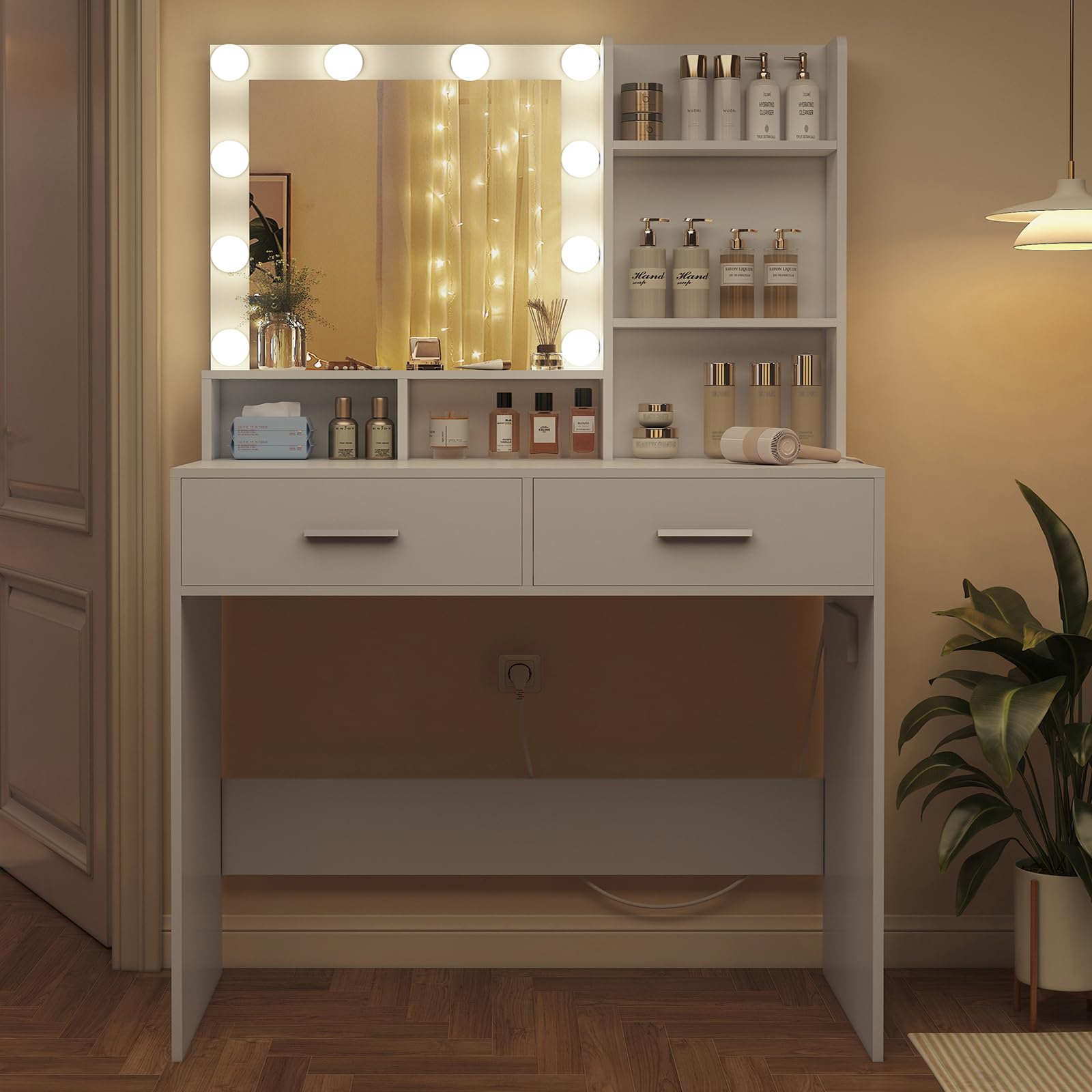 Usikey Tocador de Maquillaje Con Iluminación LED y Enchufe, Mesa Con Espejo, 2 Cajones y 2 Estantes, Estilo Moderno, Vanity Para Dormitorio, Blanco