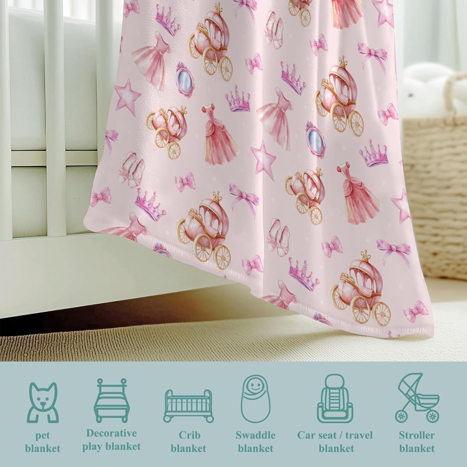 Cute Princess Castle Dress Shoes Pink Baby Blankets for Boy Girl Fairytale Bows Carriage Crown Magical Mirror Swaddle Blankets Flannel Receiving Blankets Toddler Newborn Castle 60x80inch