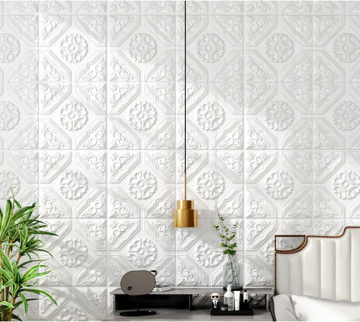 10 Tiles 3D Self Adhesive Foam Wall Panels Peel Stick Flower Wallpaper Wall Stickers 0.19" Thick for Home DIY Decoration, White