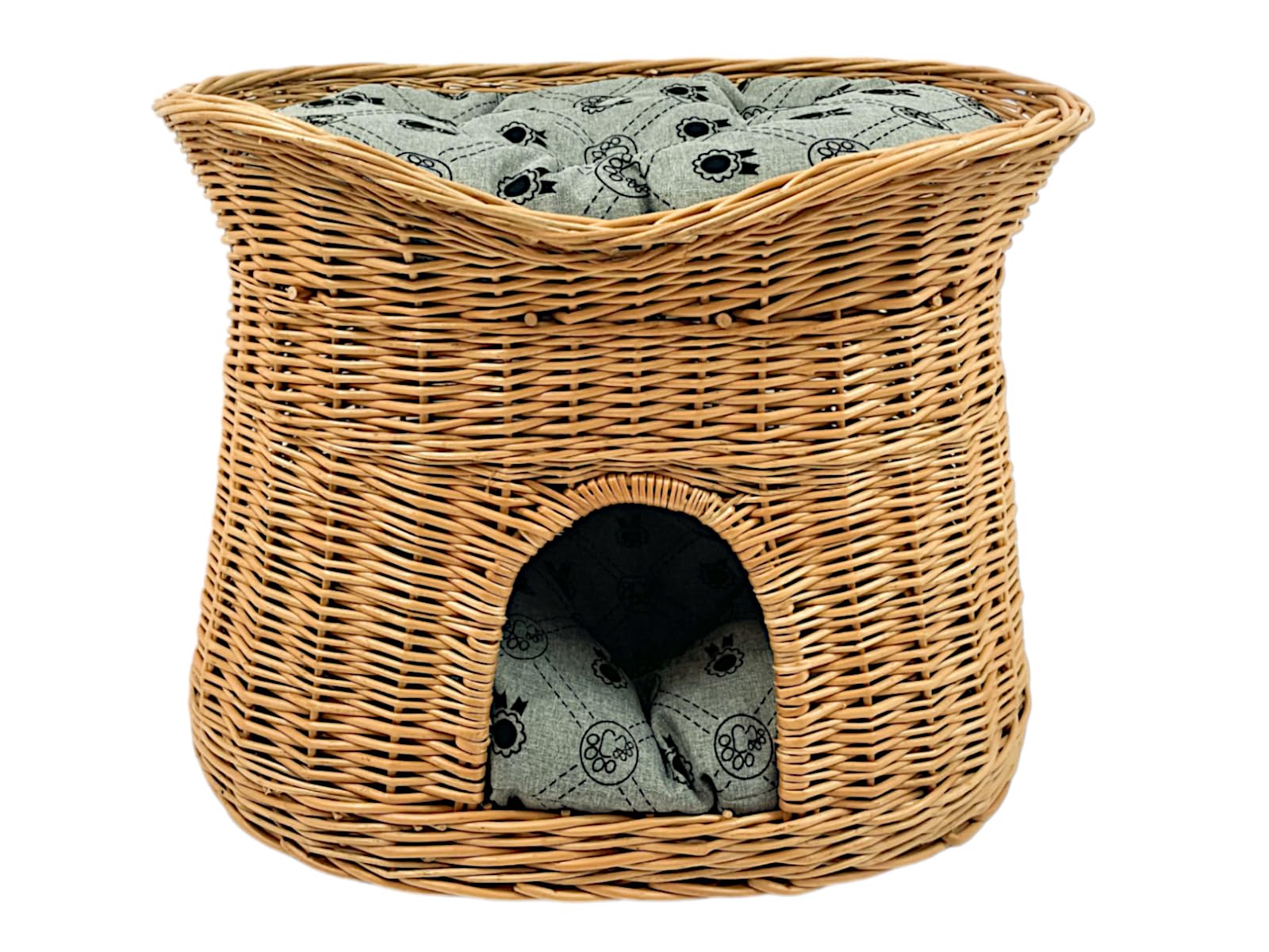 Cat Basket for Sleeping - Indoor Cat Kennel - Large 60 cm Oval - Willow Cat Cave - Two Tier Dog - or Cat Bed with Washable Cushions in Grey - Natural Basket Colour