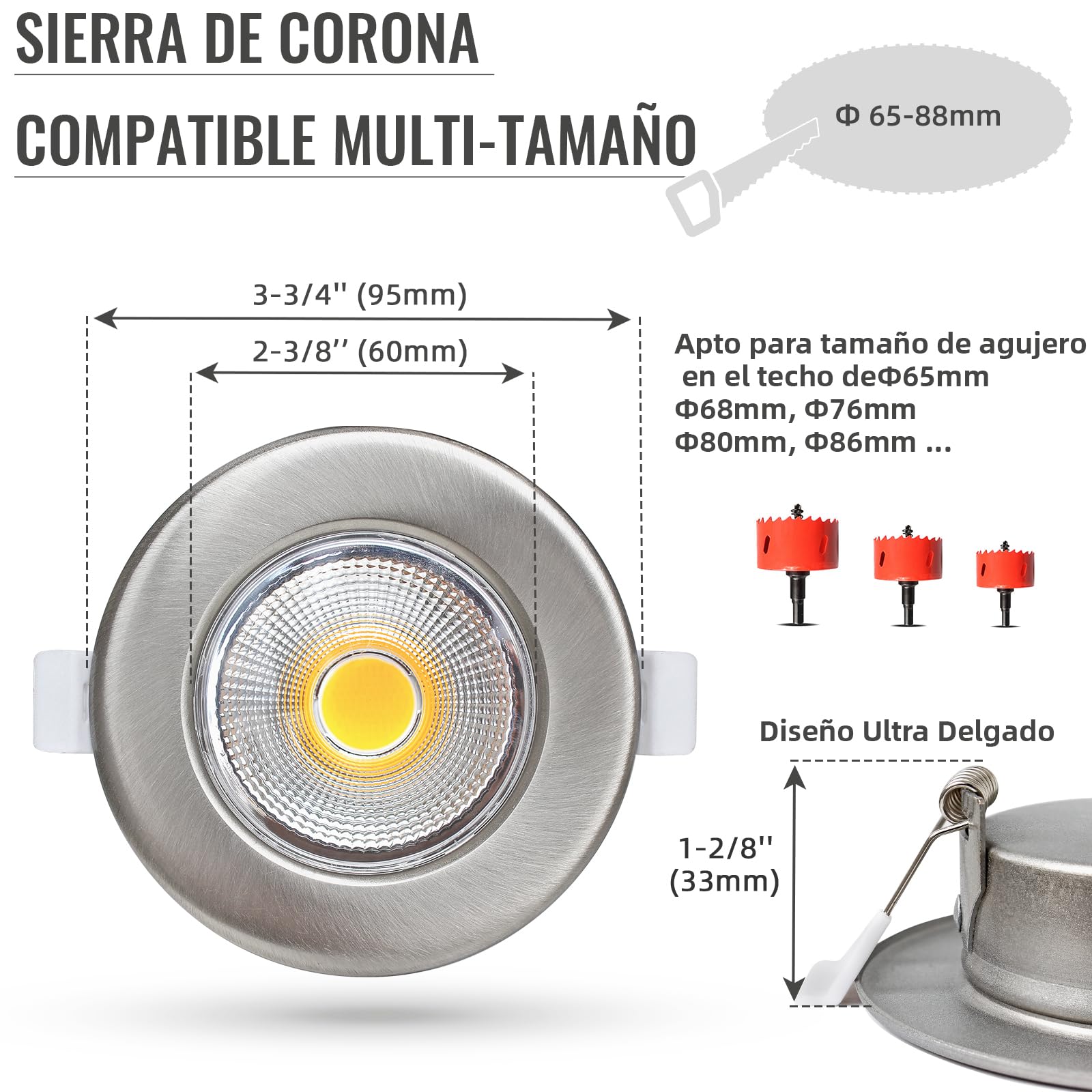 6X Focos Empotrados LED Regulables 7W Set, 230V, Redondos de Acero Inoxidable Cepillado, Luces de Techo Blanco Frío 5000K, 600LM, Empotrables de 65-85mm.