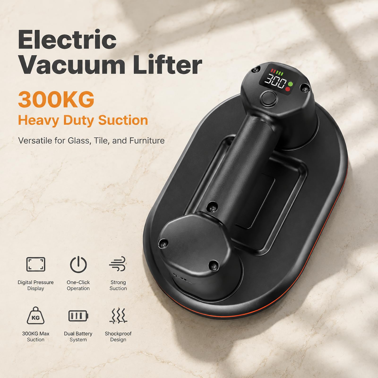 Sollevatore elettrico a ventosa 300 kg Heavy Duty Smart Display Digitale Tipo-C Ricarica Rapida Industriale Gomma Vetro Piastrelle In Marmo Legno Mobili Sollevamento Trasloco Casa