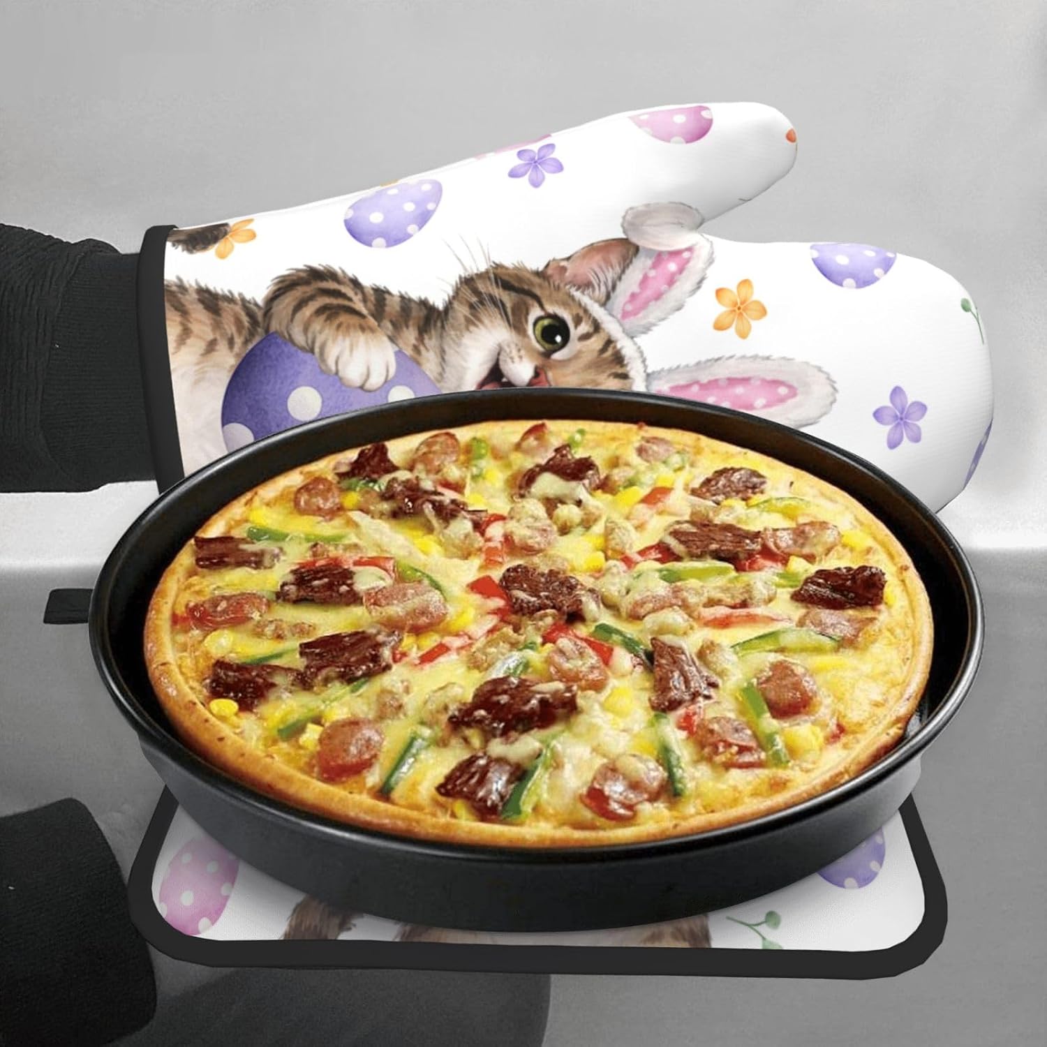 Easter Oven Mitts and Pot Holders Sets Easter Eggs Oven Mitts Heat Resistant Pink Bunny Rabbit Ears Cat Cute Kitchen Gloves Hot Pads Two Piece Set for Spring Cooking Baking Grilling BBQ - Image 7