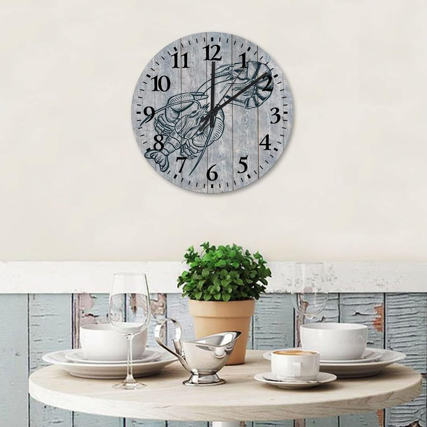 15 Inch Ocean Animal Lobster Clock Quartz Non Ticking Novelty White and Blue Starfish and Seashell Rustic Wood Wall Clock Arabic Numeral Round Clock for Living Room Kitchen Bedroom