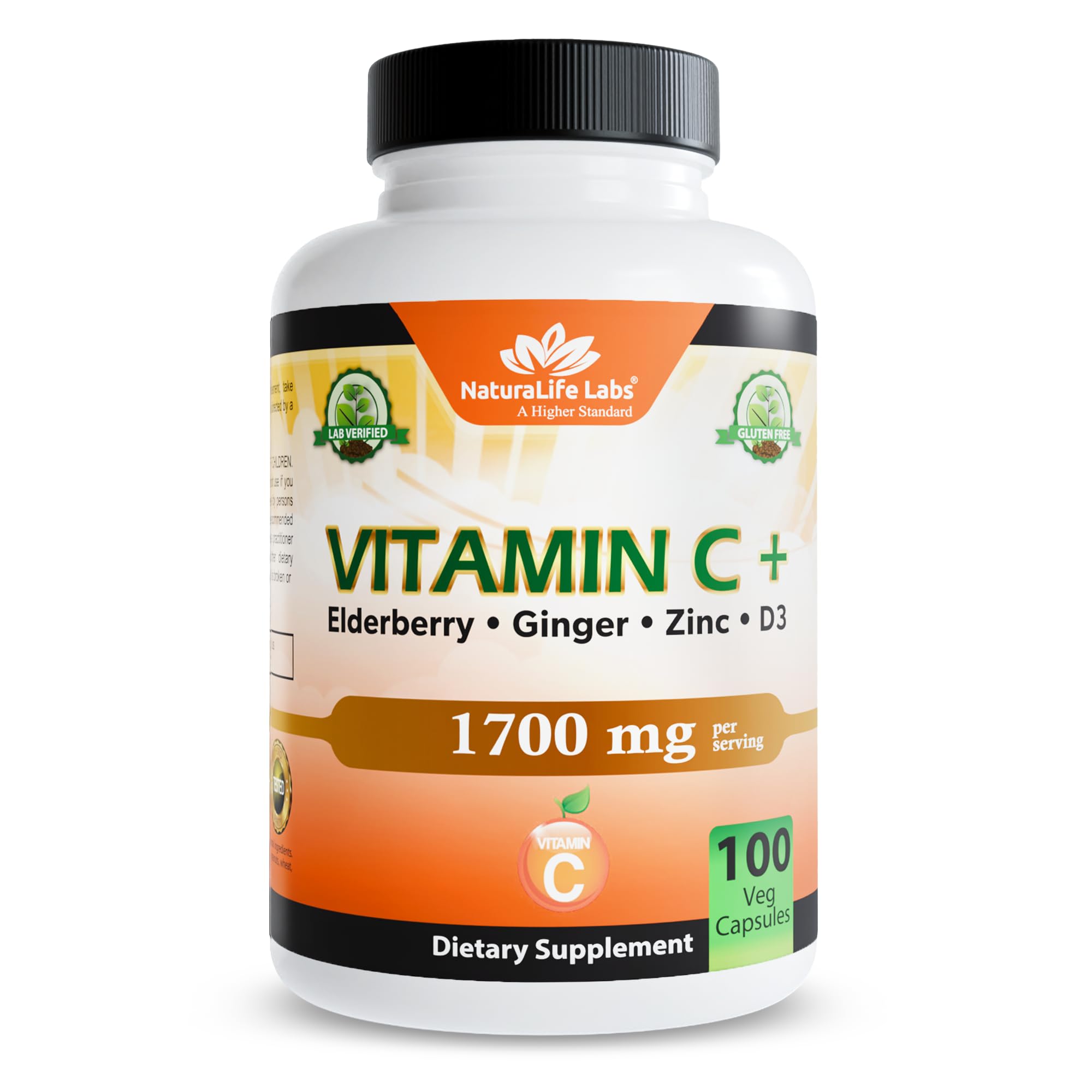 [BRSWYEAYCN4GCEQV] NaturaLife Labs Vitamin C with Vitamin D3, Zinc, Elderberry & Ginger Root – 1,700 mg per Serving – 100 Capsules, Vegan, Non-GMO, Gluten Free