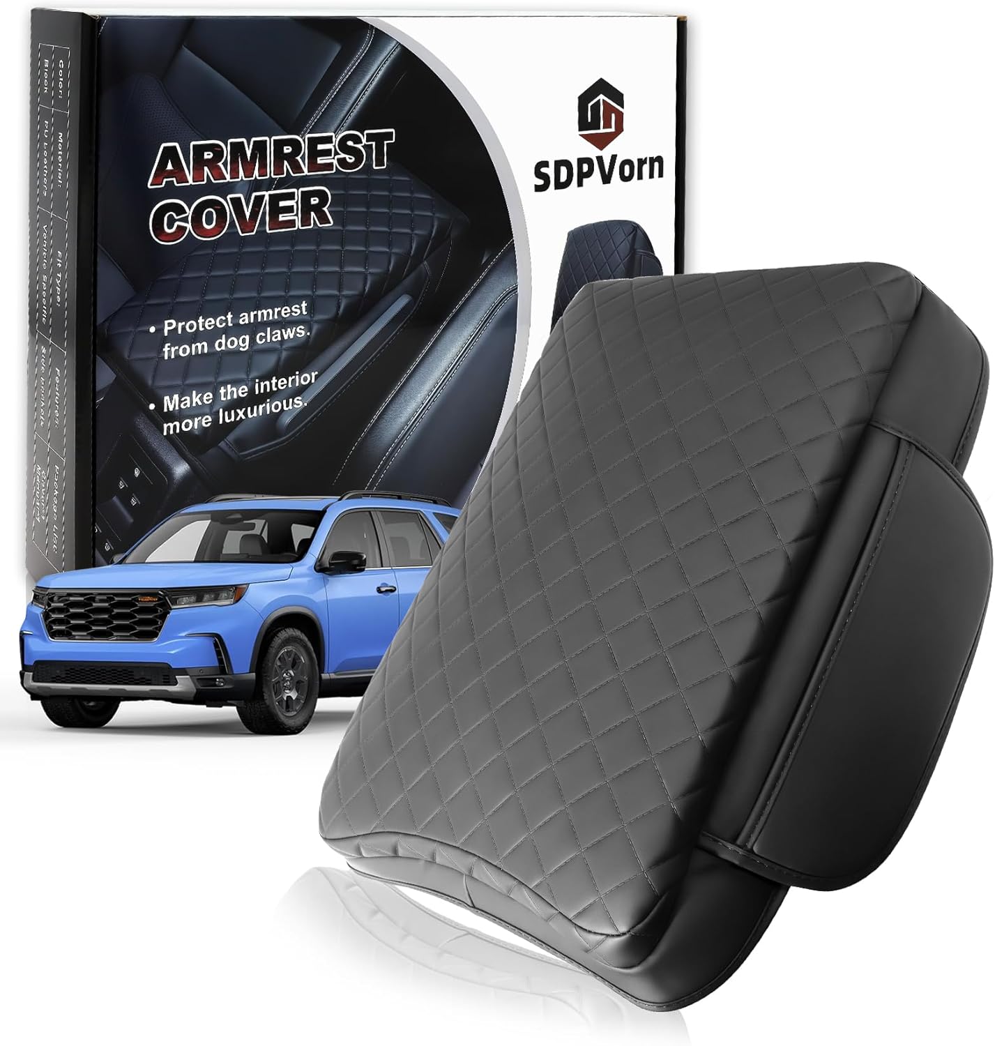 Armrest Cover for Honda Pilot/Passport/Ridgeline Center Console Pad with Organizer Storage Pockets, Black Faux Leather Arm Rest Lid Protector Cushion Interior Accessories (2023-2025)