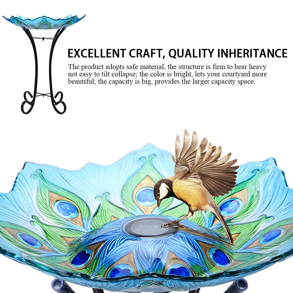 MUMTOP Outdoor Glass Birdbath Solar Birdbaths with Metal Stand for Lawn Yard Garden Peacock Decor,18?Ç¥ Dia*21.65 Height