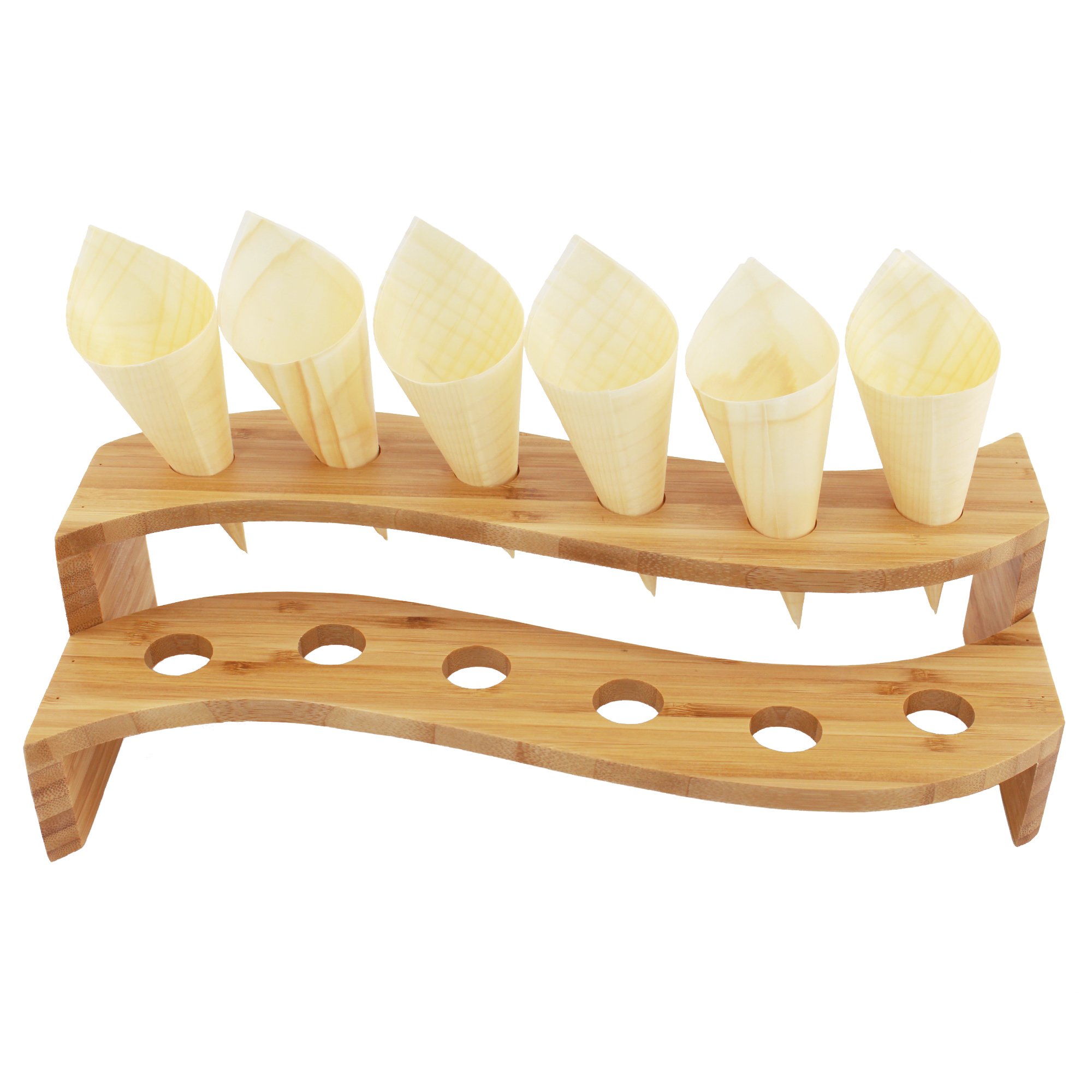BambooMN 13" x 5.7" x 3.5" Natural Bamboo S Wave Multi Level Food Cone Display Tamaki Stand for Restaurants, Catered Events, Party or Buffets, Holds up to 12 Cones - 10 Pieces
