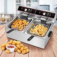 Vista 2 de Giantex Freidora comercial de 3400 W, tanque doble, freidora eléctrica de acero inoxidable de 12.8 cuartos de galón con 2 cestas, tapas y control