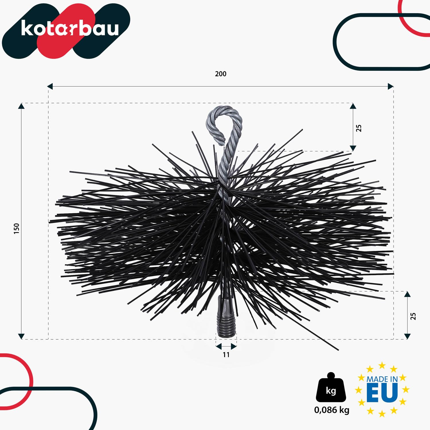 KOTARBAU® Erizo, Cabezal Deshollinador, Ø 200 mm, Cepillo Redondo de PCV, Cepillo de plástico para chimeneas, Accesorio para Limpieza de chimeneas, Rosca M12, con Anilla, para Materiales sensibles