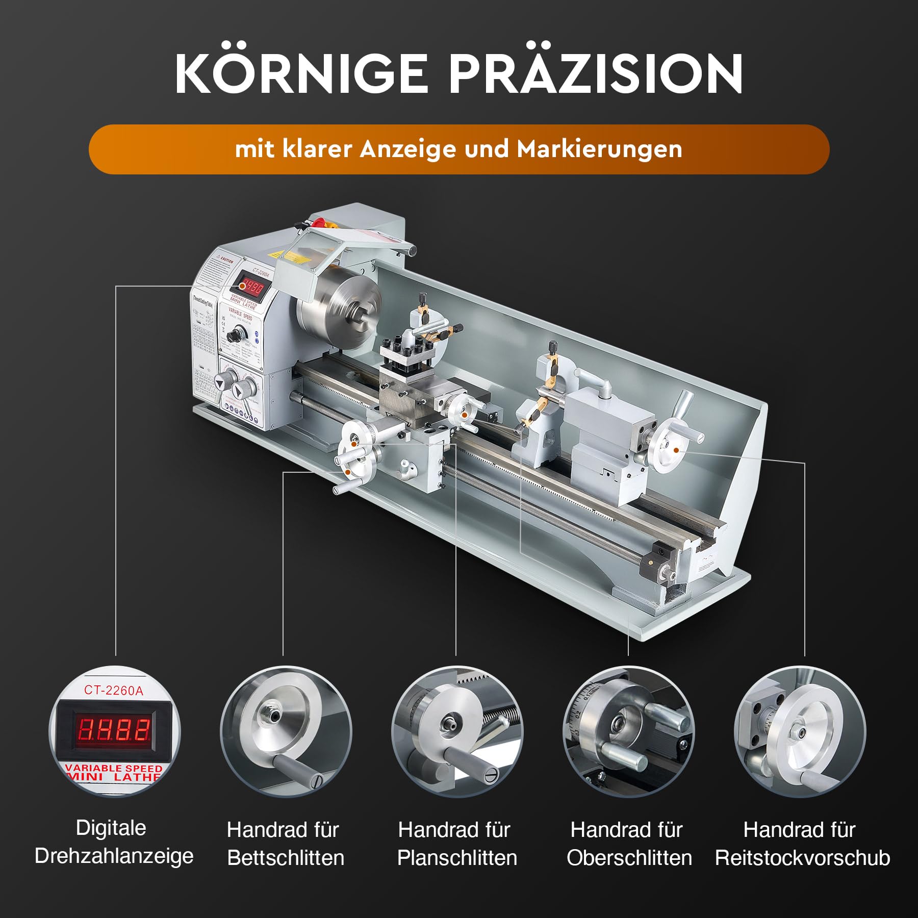 CREWORKS Mini-Drehmaschine 9 x 24 Zoll mit 3-Backen-Futter und 3000 U/min Mini-Metalldrehmaschine 220x600MM mit LCD-Display, 1100W Drehbank Metall für Heimwerker-Metallverarbeitung und Handwerk