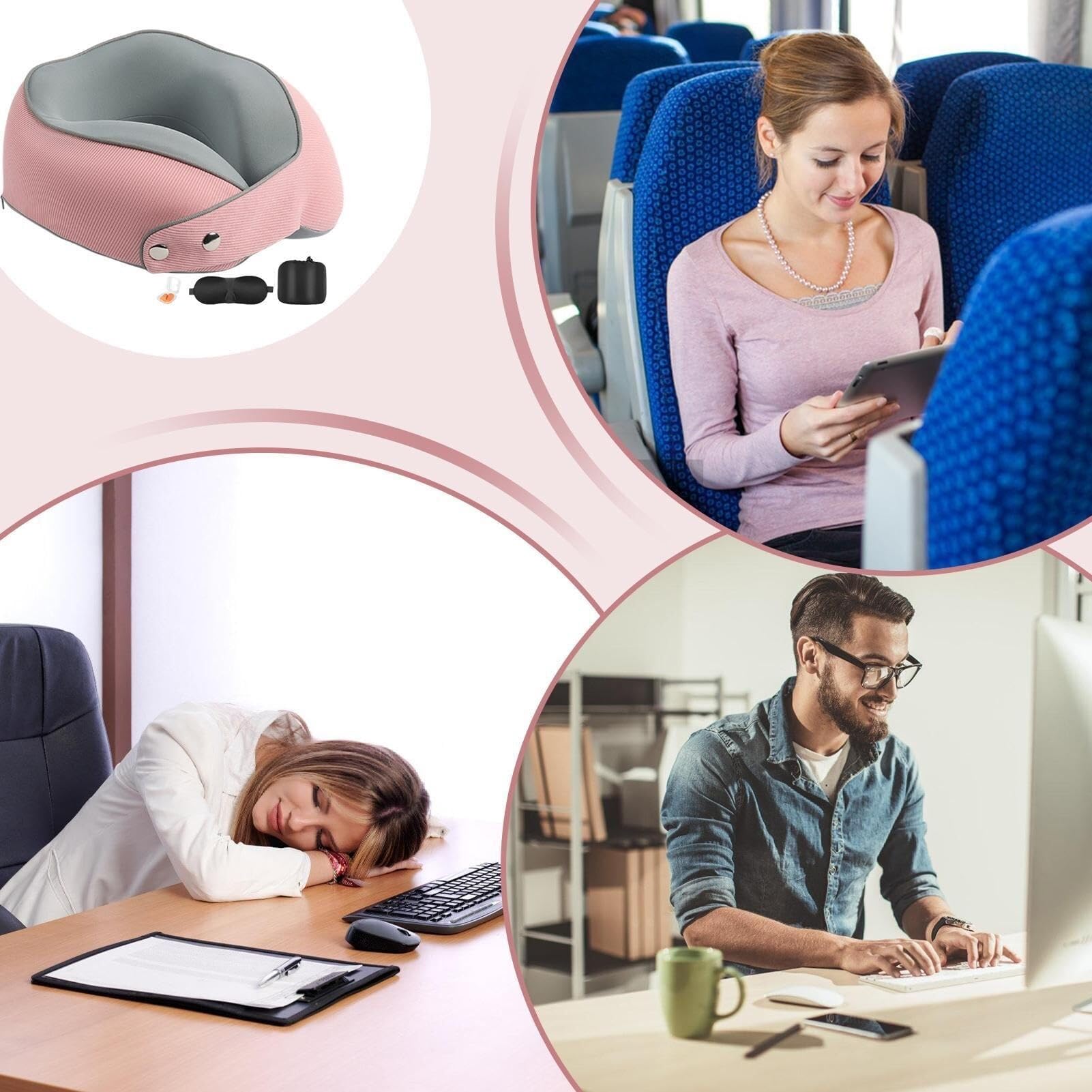 Poduszka Podróżna Poduszka Podróżna Z Pianki Memory Foam, Regulowana, W Kształcie Litery U, Do Samolotu I Samochodu Poduszka na Kark(Pink)