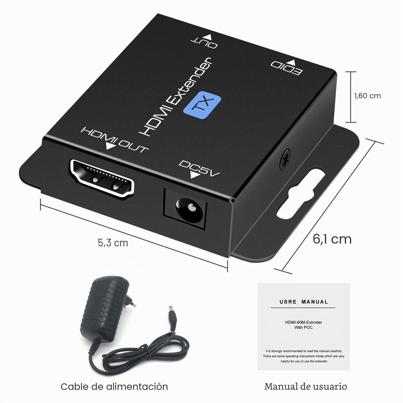 Extensor Con POC 1080P@60Hz Repetidor 3D HDMI (TX y RX) Convertidor RJ45 a HDMI Transferencia Individual Por Cable OFC Cat5e/Cat6/Cat7/Cat8 60M/196ft Con Adaptador de Corriente de 5V