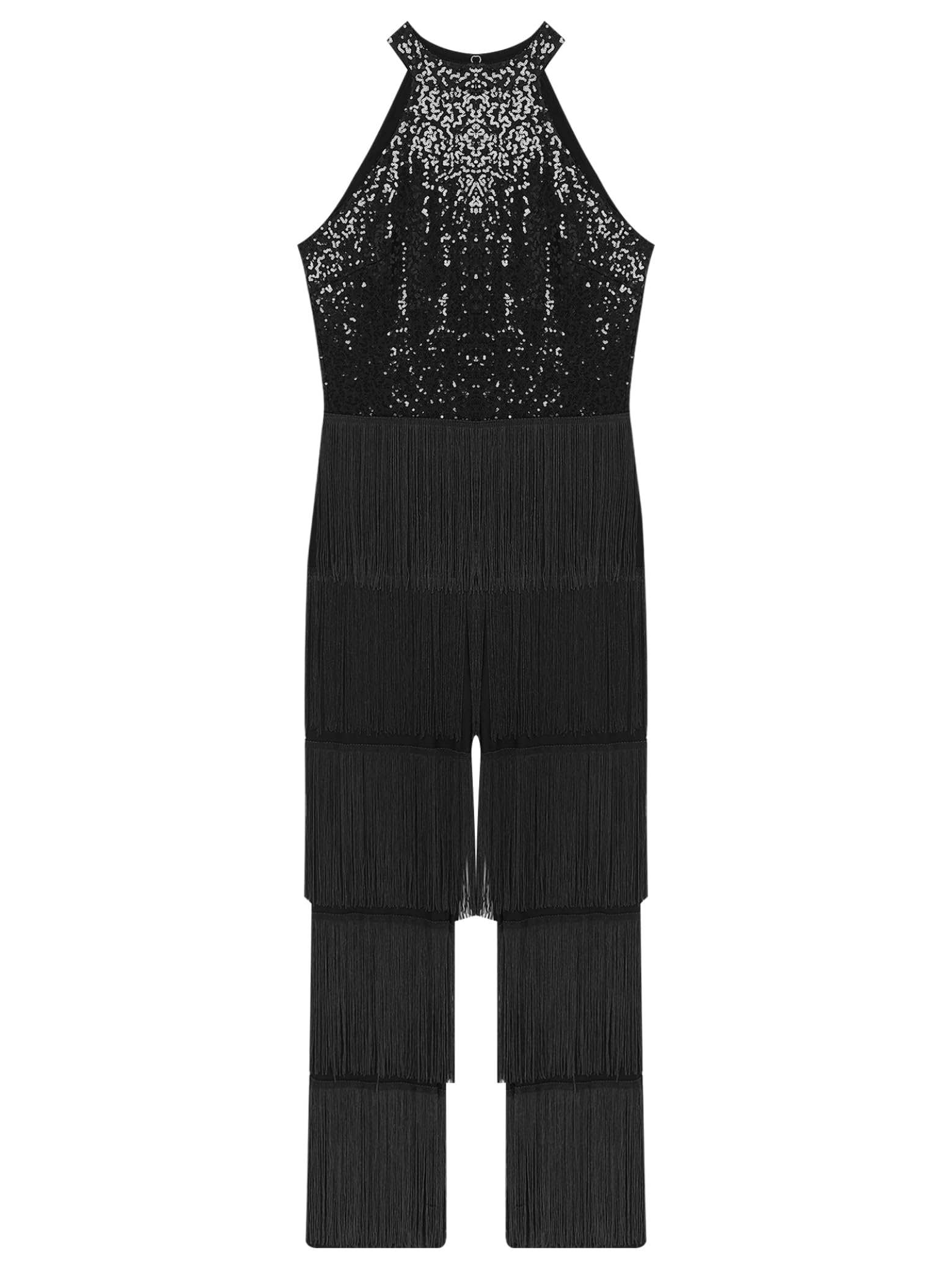 Body Da Ballo Donna Latino Body Intero Paillettes Glitter Tuta Senza Maniche Frange Nappe Pantaloni Danza Abbigliamento Danza
