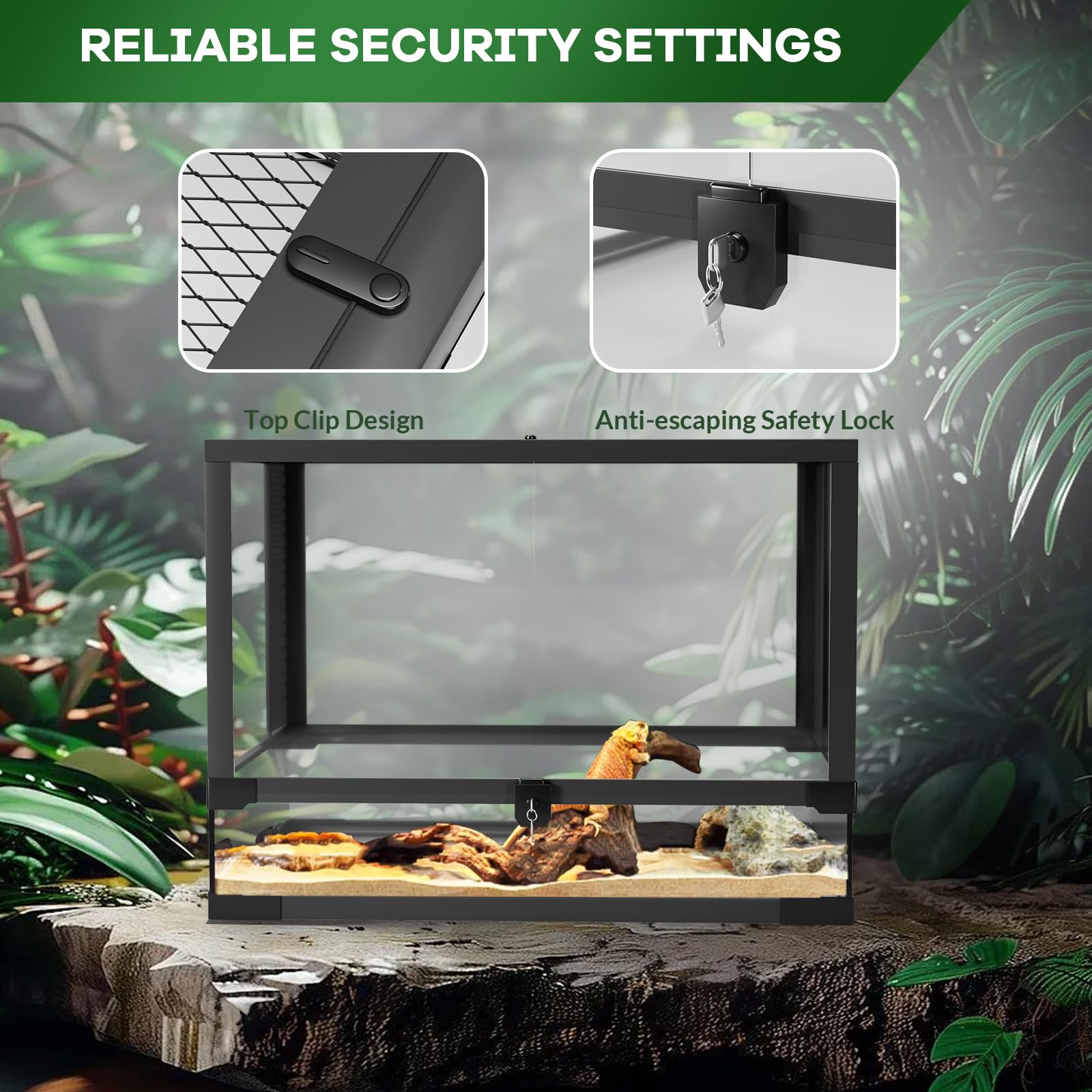 Terrario Horizontal para Reptiles de Vidrio y Aluminio 92x47x47cm con Cerradura, Puerta para Alimentación, Ventilación y Vista a 360° para Serpientes, Lagartos y Tortugas