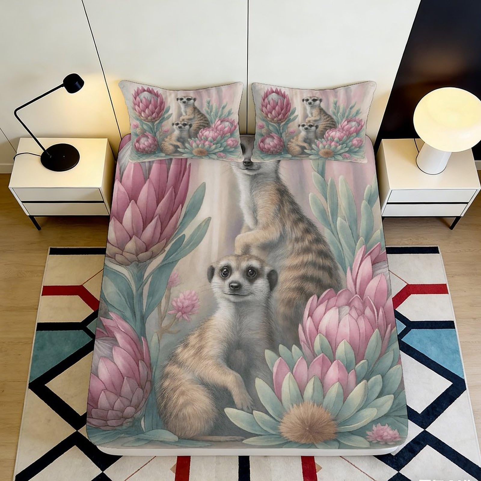 3D Printed Meerkat Floral Fitted Sheet Microfiber Soft Durable 3D Printed Succulent Bed Cover for Bedroom Dormitory Guest Room Mattress Protection 140x200x25cm