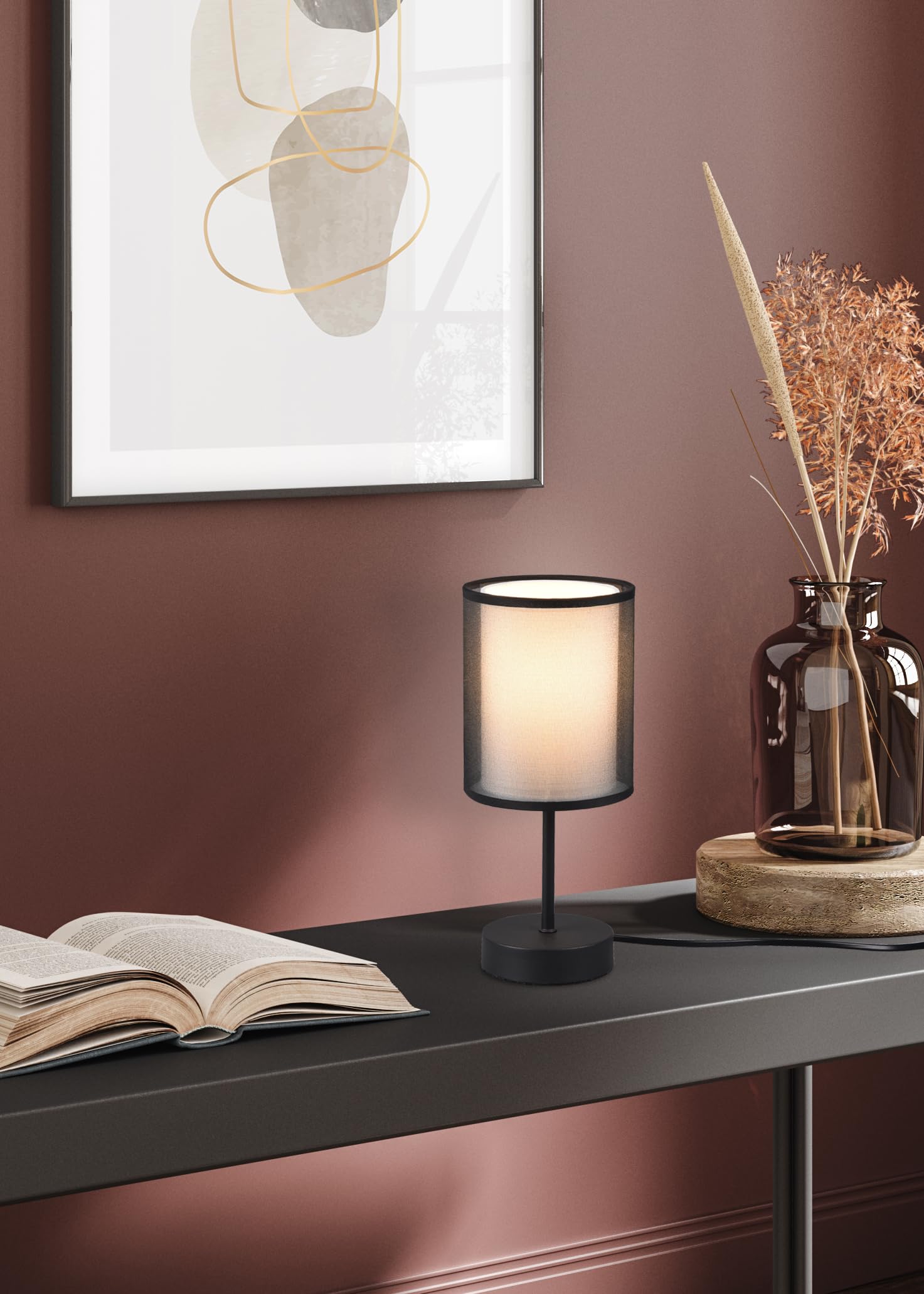 Trio, Lampe de table, Burton 1xE14, max.28,0 W Organza, Fumé, Corps: Métal, noir mat Ø:12,5cm, H:28,5cm Interrupteur de cordon,IP20,Sans illuminant