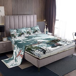 Ski Sheet Sets Twin Size Vintage Snow Mountain Ski View Bedding Set 3Pcs Kids Boys Girls Adult Room Decor Winter Outdoor Extreme Sports Bed Sheet Skiing Skier Fitted + Flat Sheet,1 Pillowcase