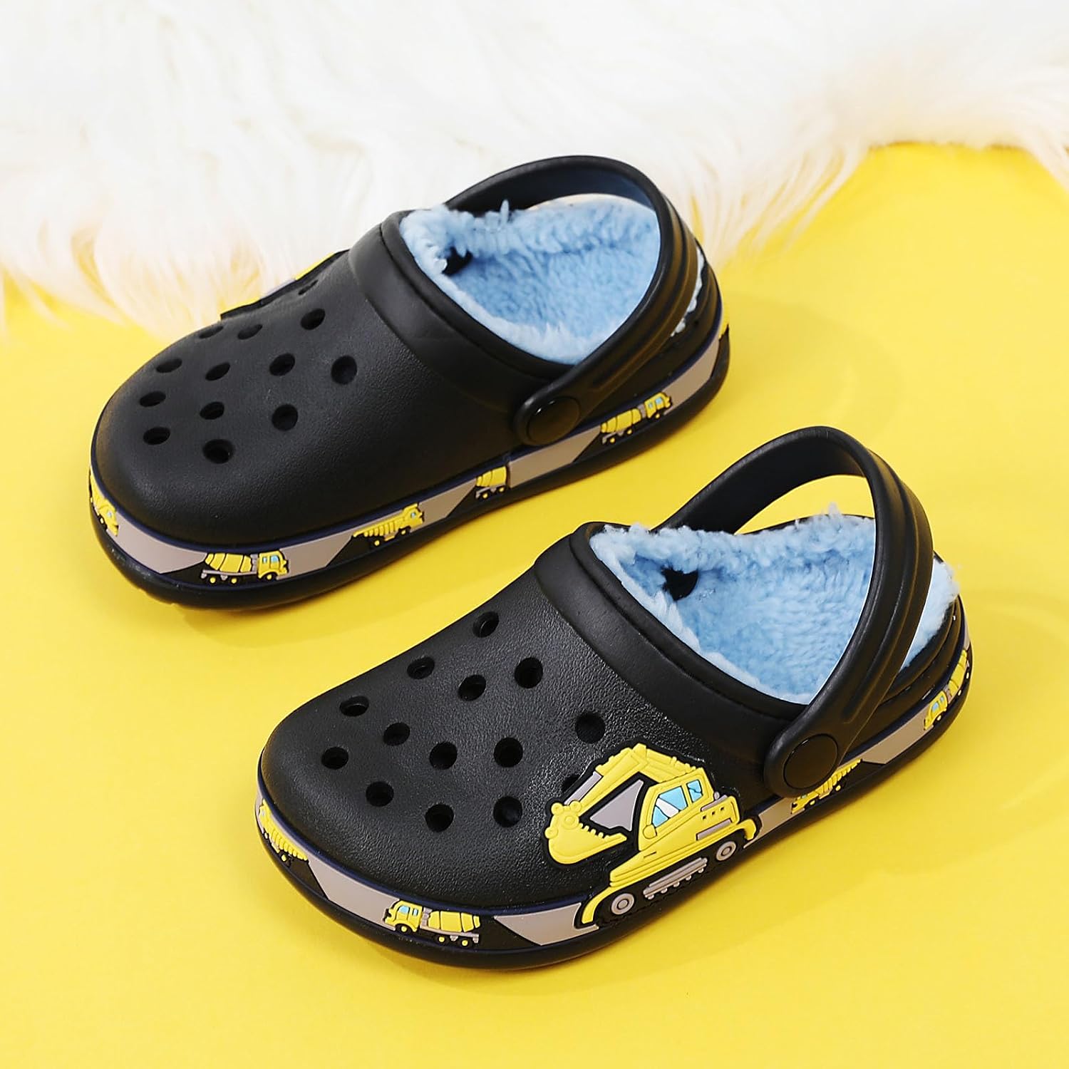 SECHRITE Toddler Kids Lined Clogs Garden Shoes with Fuzzy Fur Cartoon Slip On Mules Boys Girls Winter Warm Home Slippers Indoor Outdoor
