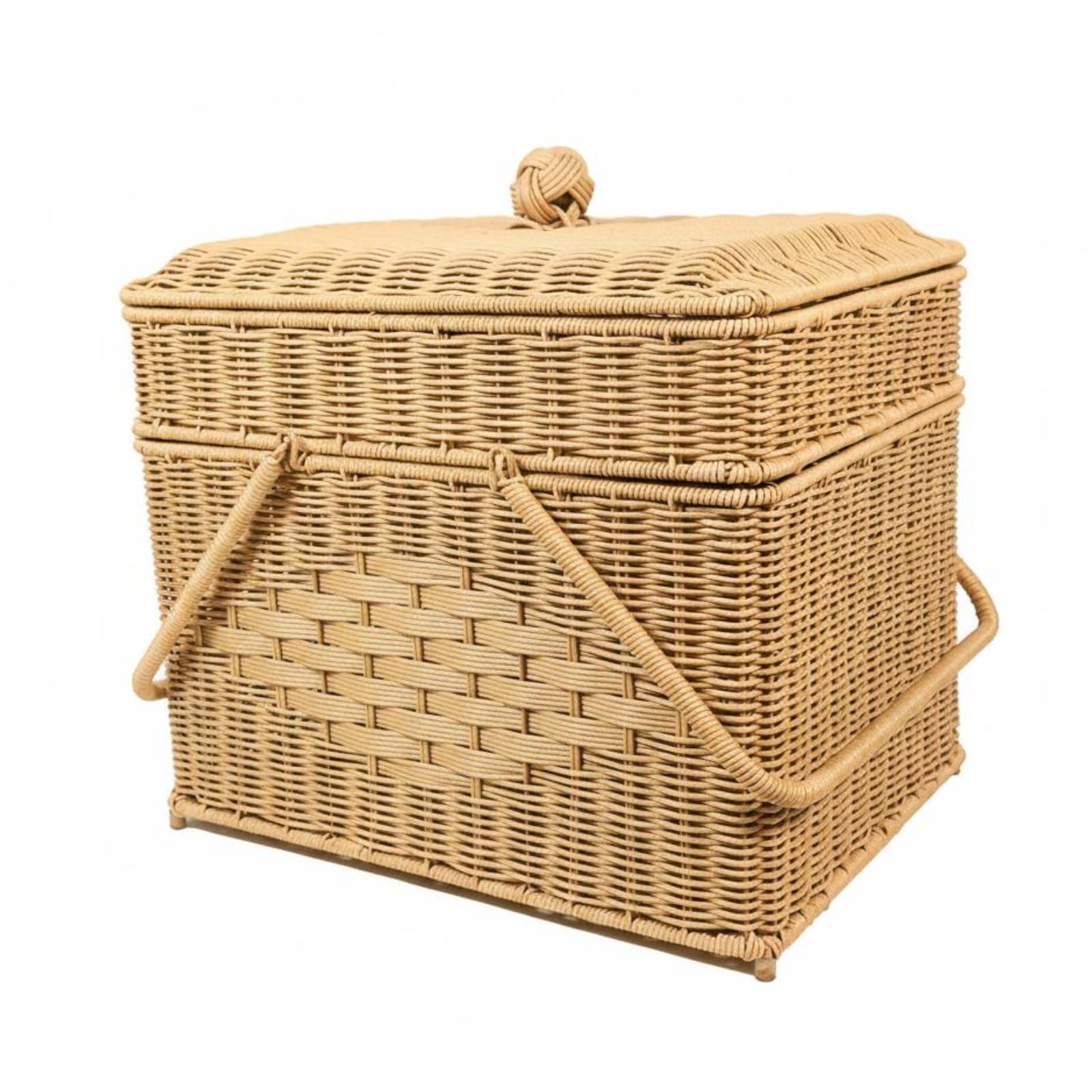 Homyl Cestino da Picnic Cestino Portaoggetti Scatola Contenitore Cesto con Coperchio con Manico Intrecciato in Rattan Sintetico Robusto Adatto a Campeggio Raduni All’aperto Casa Auto
