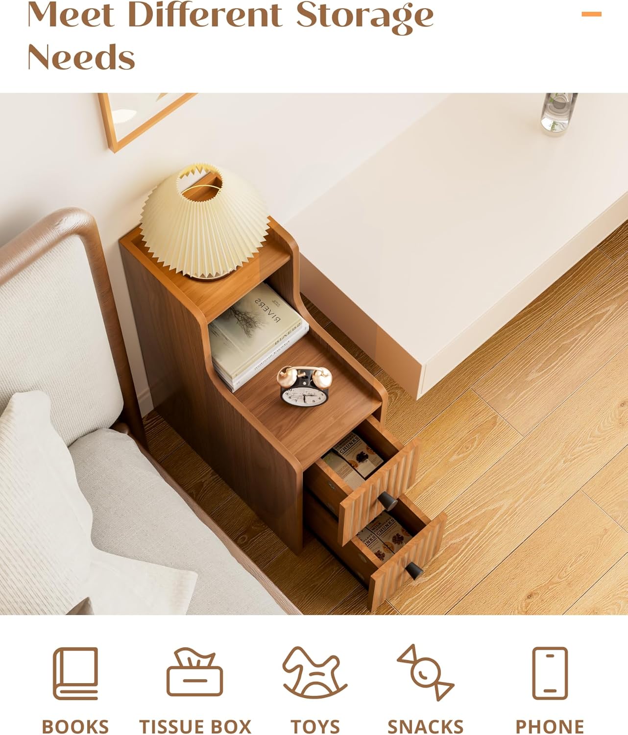 Narrow Side Table with 2 Drawers, Small Bedside Tables, Mid Century Modern Slim Night Stand with Storage, Wooden End Table for Small Spaces, Bedroom, Living Room（No Charging Station）