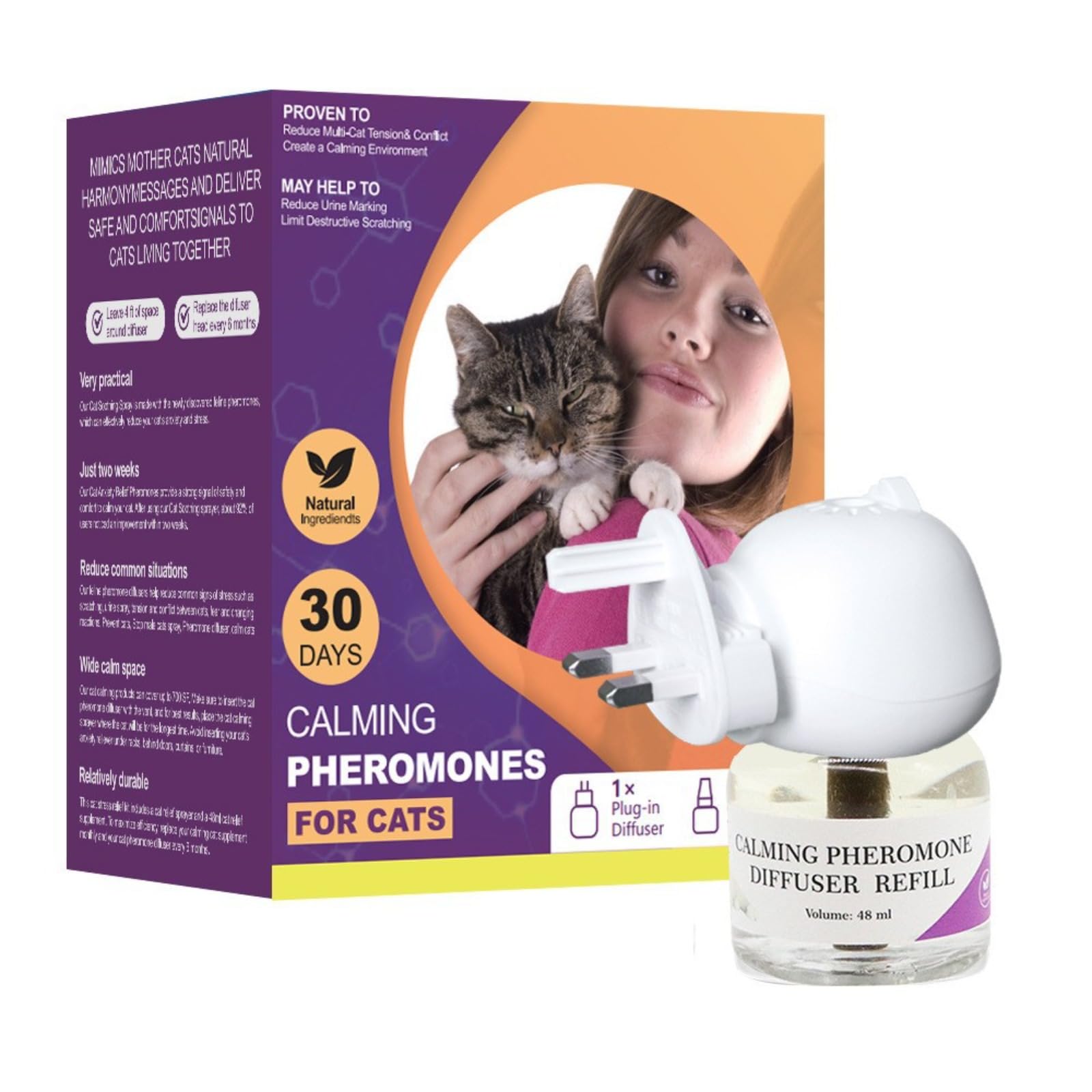 Neksong Classic 30 Day Cat Calming Plug In Pheromone Diffuser Starter Kit, 48ml - Helps Solve Common Signs of Stress in Cats & Kittens, with 2 Diffuser + 4 Refill 48ml Vials (1 diffusers + 1bottles)