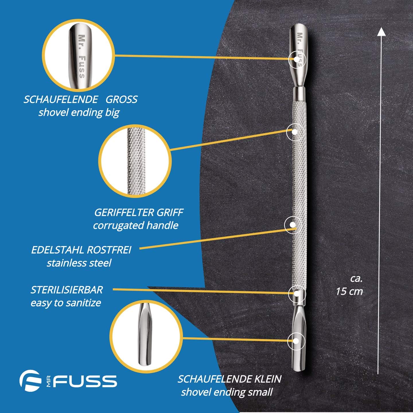 Mr. Fuss® Pro Cuticle Pusher - podwójna szpatułka do skórek ze stali nierdzewnej, 2 rozmiary