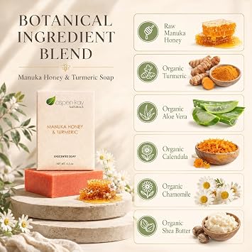 Manuka Honey & Turmeric Soap with Organic Aloe Vera & Shea Butter. 4.5 oz