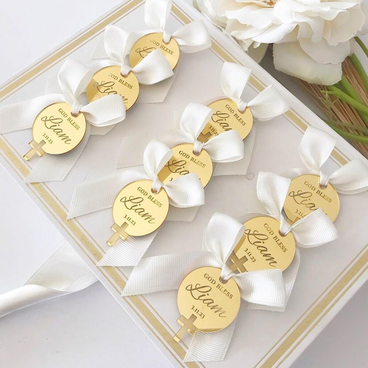 Lot De 20/50/100 Étiquettes De Baptême En Acrylique Gravées Personnalisées, Étiquettes De Baptême Personnalisées Avec Nom, Centres De Table De Mariage For Bébé, Cadeau De Baptême En Croix Acrylique(30
