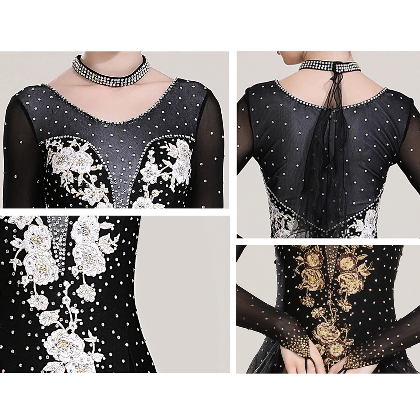 Abiti da Ballo da Sala A Maniche Lunghe Abbigliamento da Competizione National Standard Salsa Valzer Scollo Rotondo Costumi da Spettacolo Moderno Flamenco Strass Luccicanti,A,S
