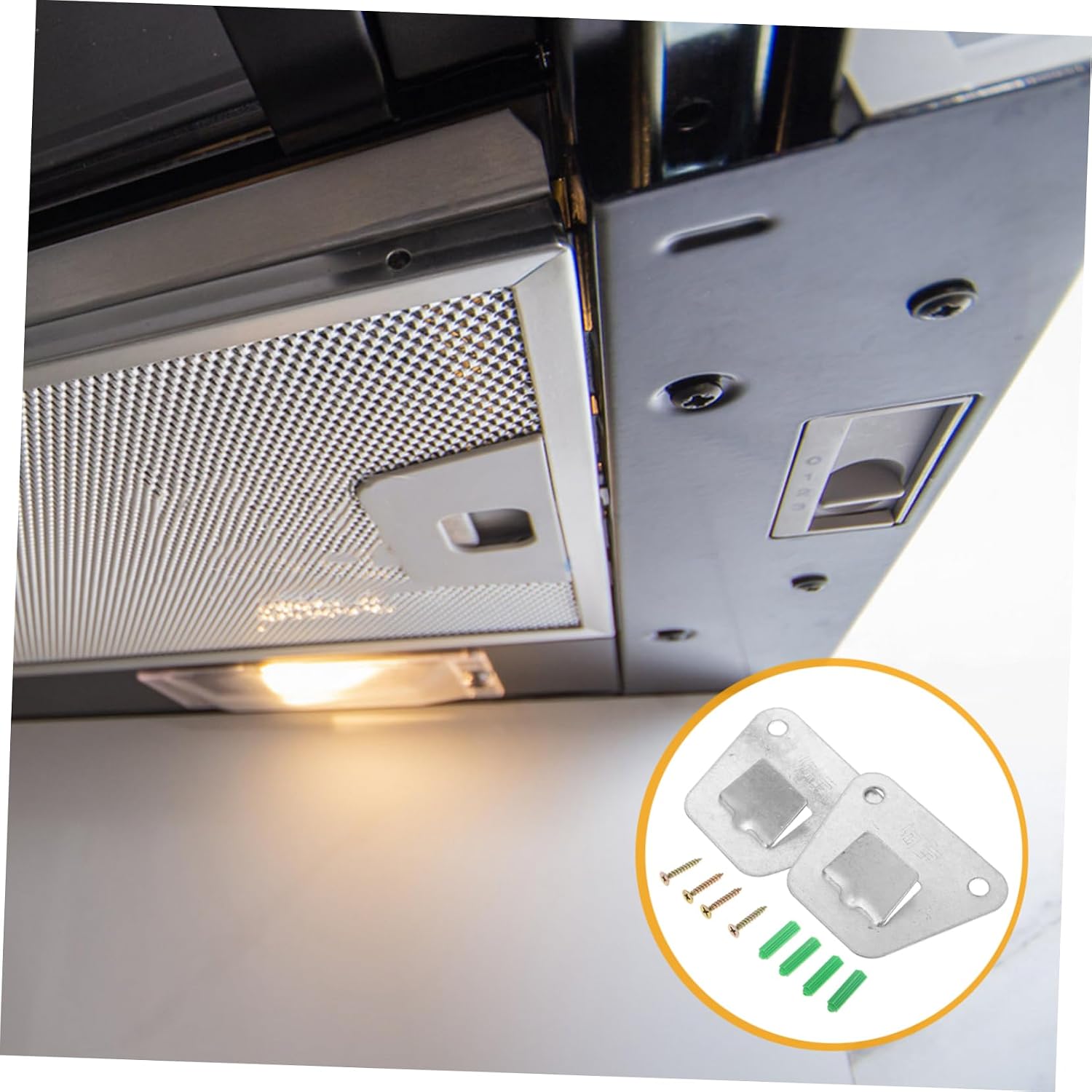 1set Range Hood Wall Mount Bracket Holder for Side Suction Kitchen Ventilation Easy Installation Mounting Plates and Screws Versatile Use for Home Organization
