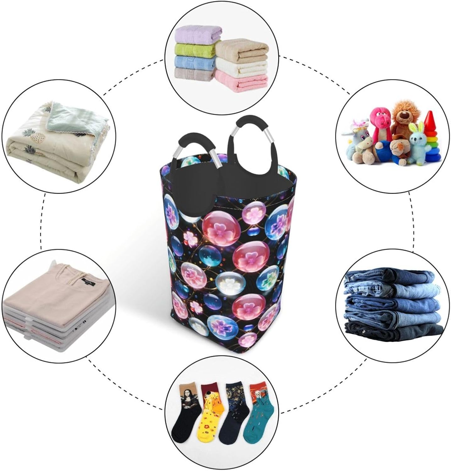 Midnight Floral Luminescence Foldable Dirty Laundry Bag, Waterproof Oxford Fabric With Pe Board Base, 50l Capacity For Home & Travel