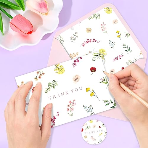Miniatura 3 de Whaline Paquete de 24 tarjetas de agradecimiento florales de acuarela de flores de primavera con sobres, calcomanías de flores silvestres, tarjetas