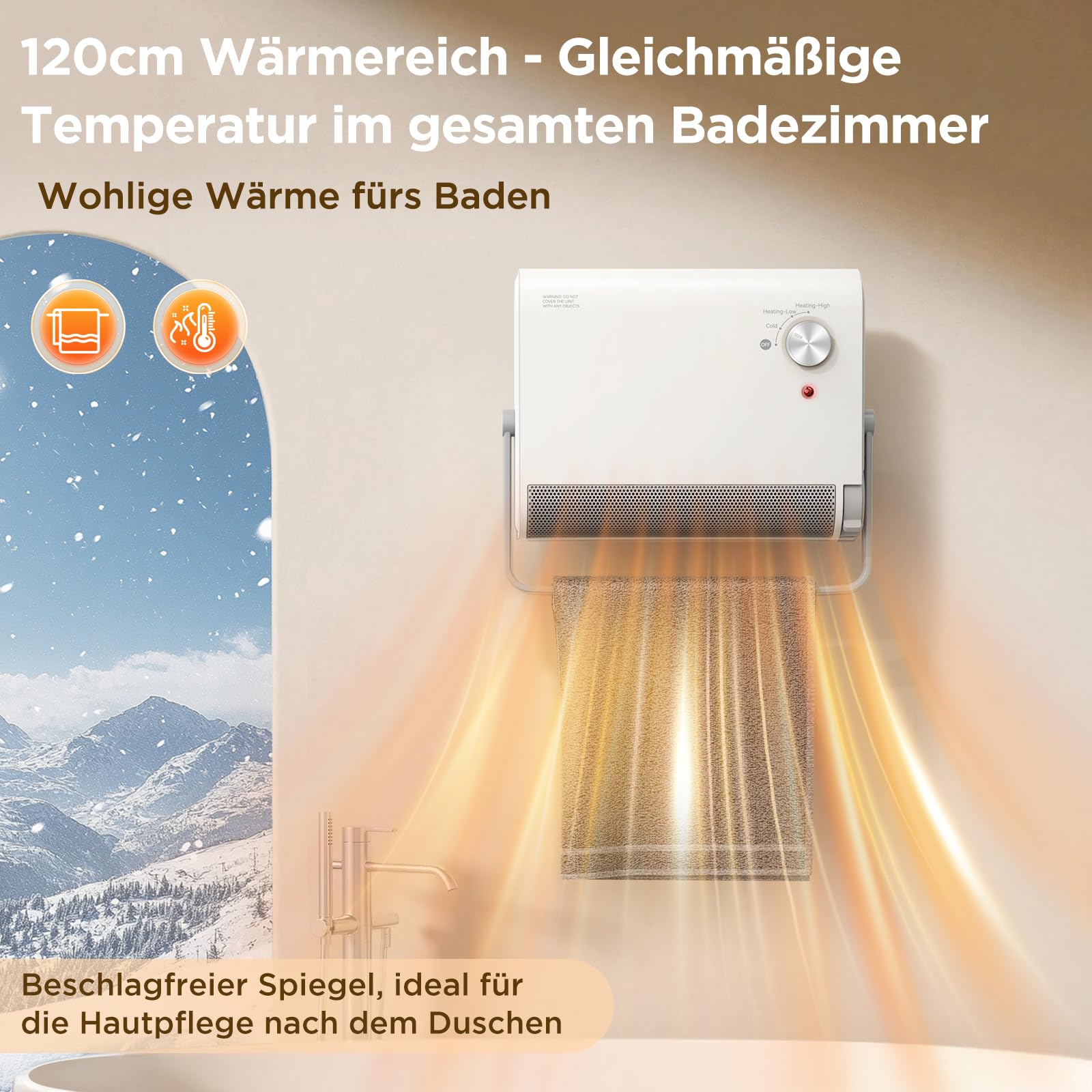 Chauffage Électrique de Salle de Bain 2000W, Radiateur Mural Silencieux avec Ventilateur Céramique, Sèche-Linge, Faible Consommation, 3 Modes de Chauffage, Adapté à la Salle de Bain (IPX2)