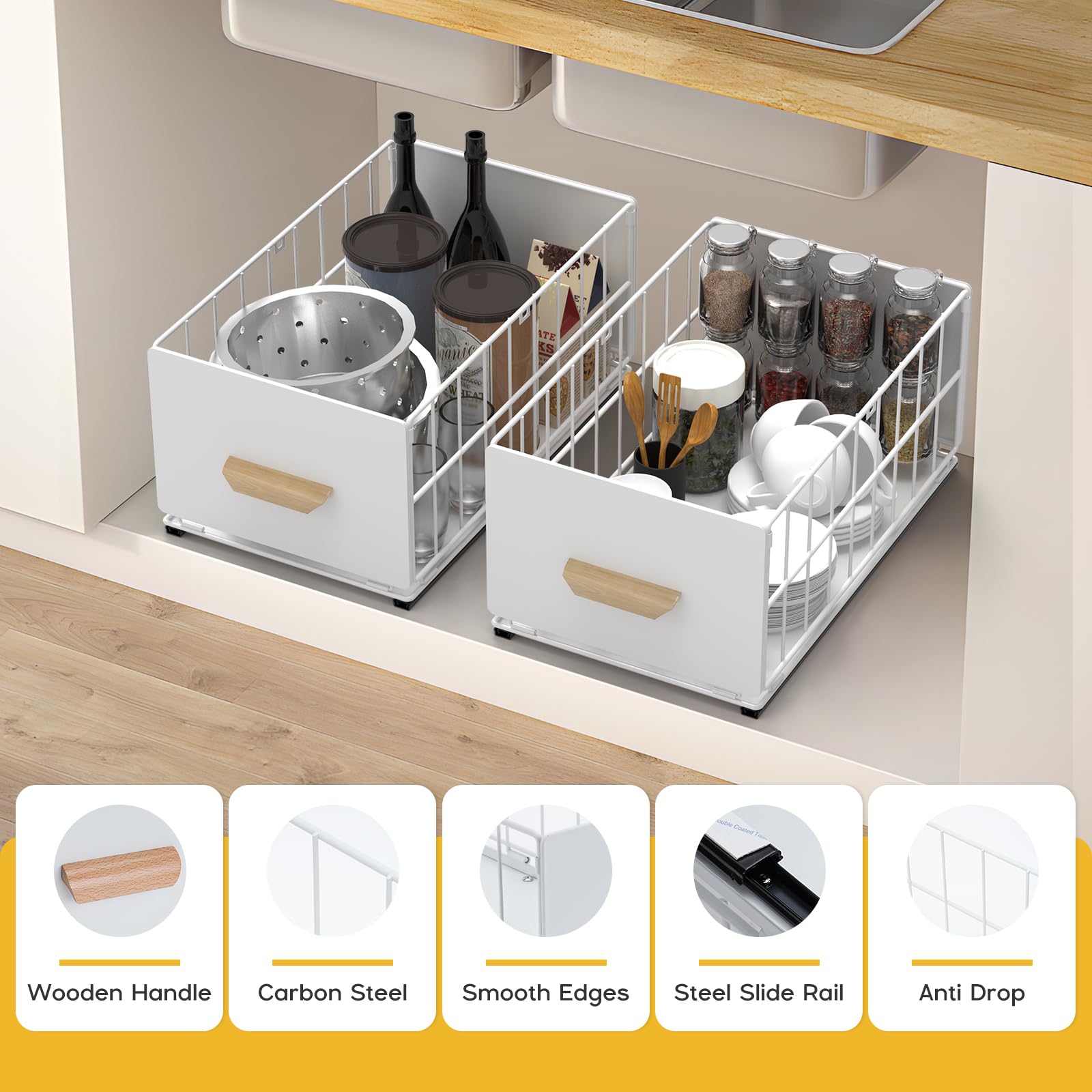 Pull Out Cabinet Organizer Heavy Duty Slide Out Drawers Cabinet Basket No Drilling Metal Storage Basket with Handle for Kitchen Bathroom Cloakroom