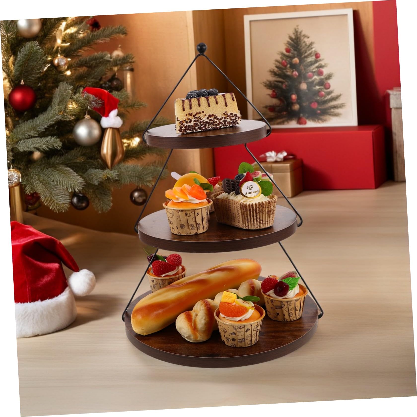 Alzata per Torte e Cupcake in Legno e Ferro a Tre Piani Design Rustico a Forma di Albero di Natale per Decorazioni Natalizie e Servizio Dessert