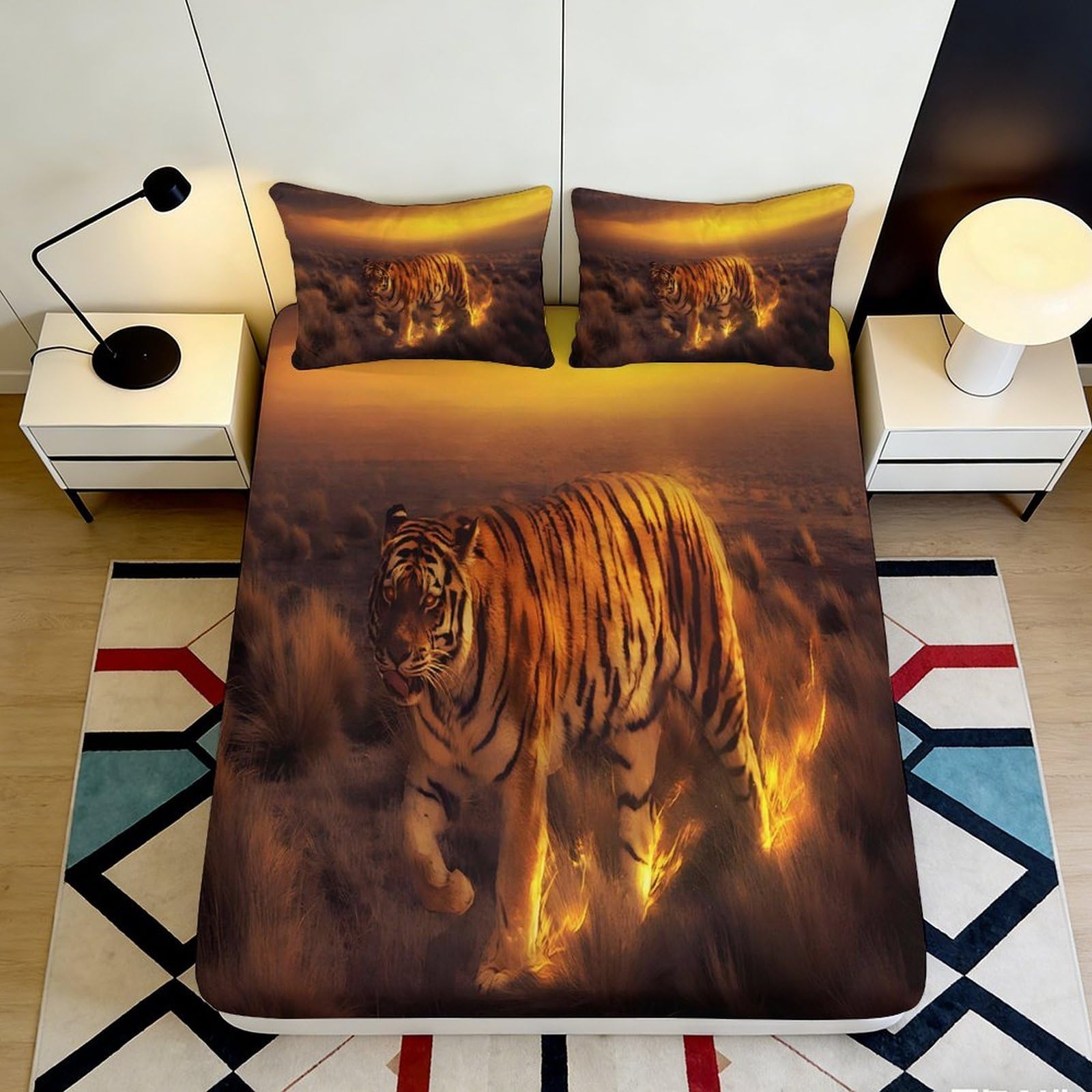 Jqzkxnhpbr Style-4 3D Printed Fiery Tiger Fitted Sheet Microfiber Soft Breathable Wild Forest Bed Cover For Bedroom Guest Room Decoration 90X200x25cm