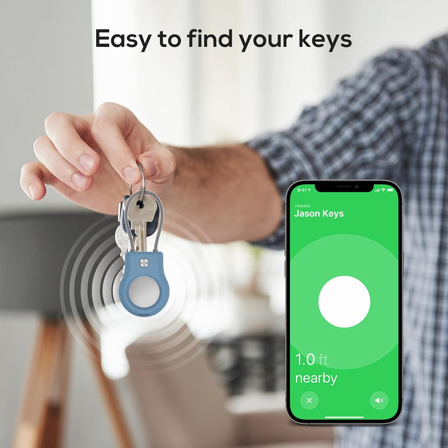 AirTag Keychain Holder - (4 Pack) Airtag Lock Case with Wire Cable Compatible with Apple AirTags,Ultra Durable Anti-Lost Protective Case with Keyring for Luggage, Key, Backpack, Bag Black/Light Blue
