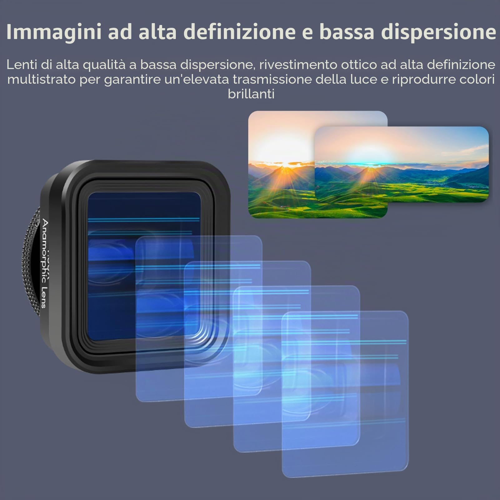 Andoer Obiettivo cinematografico anamorfotico per smartphone, deformazione 1,55x, clip universali, borsa trasporto